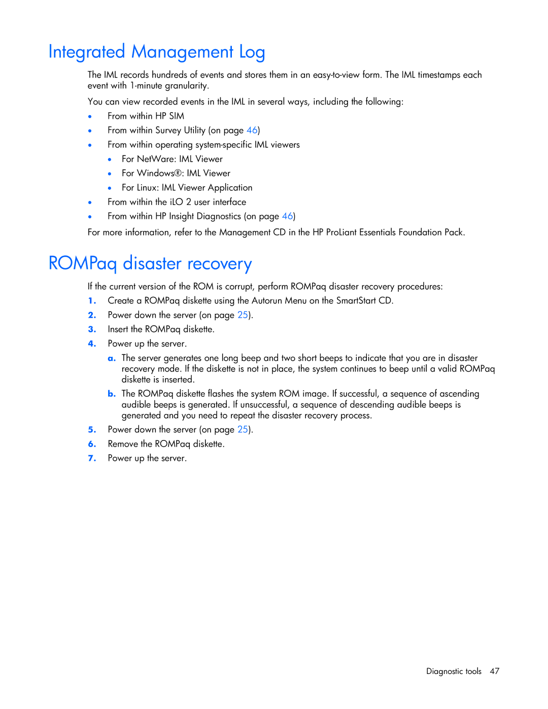 Pioneer ML310 manual Integrated Management Log, ROMPaq disaster recovery 