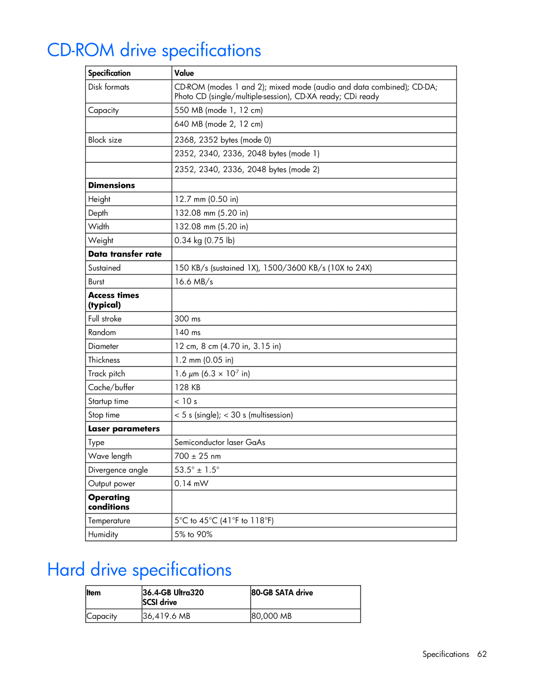 Pioneer ML310 manual CD-ROM drive specifications, Hard drive specifications 