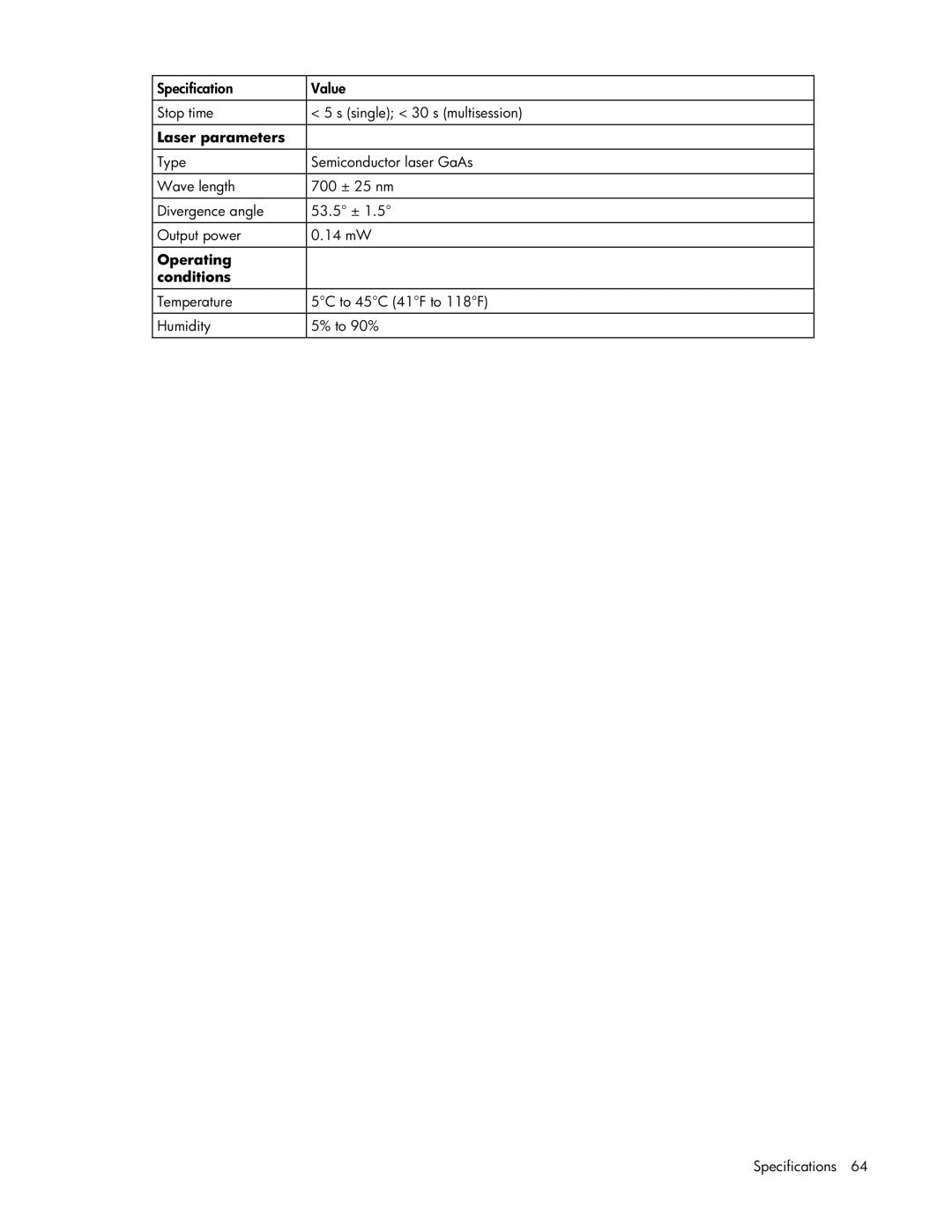 Pioneer ML310 manual Specification Value Stop time Single 30 s multisession 