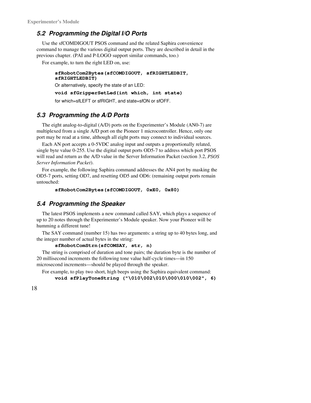 Pioneer Module Mobile manual Programming the Digital I/O Ports, Programming the A/D Ports, Programming the Speaker 