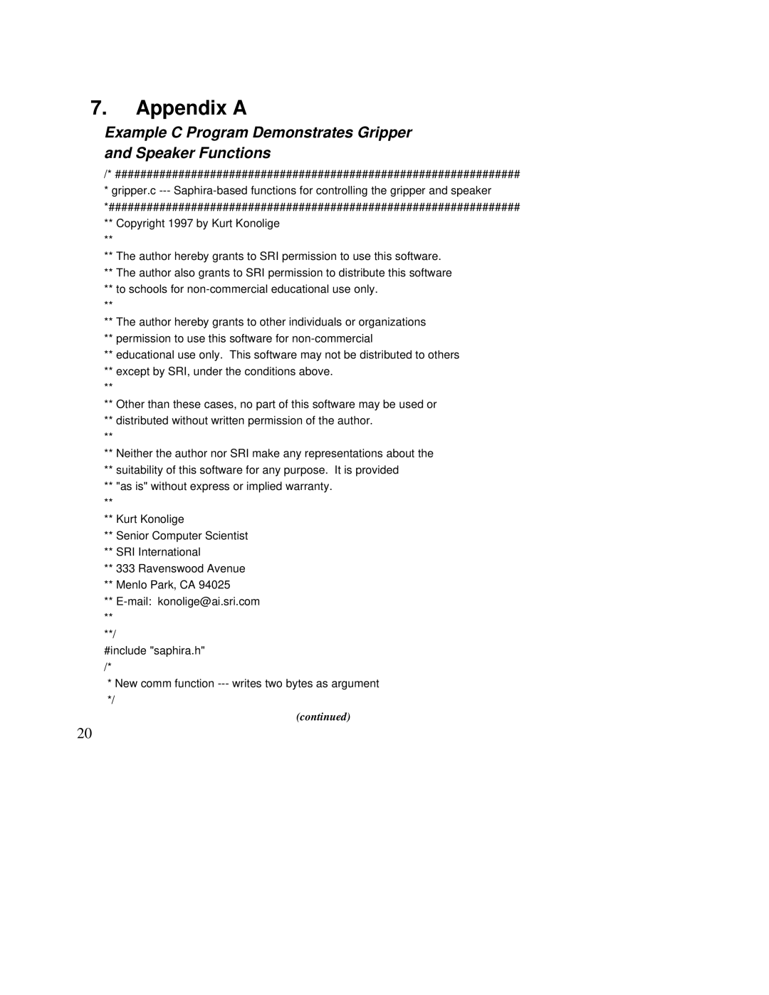 Pioneer Module Mobile manual Appendix a, Example C Program Demonstrates Gripper and Speaker Functions 