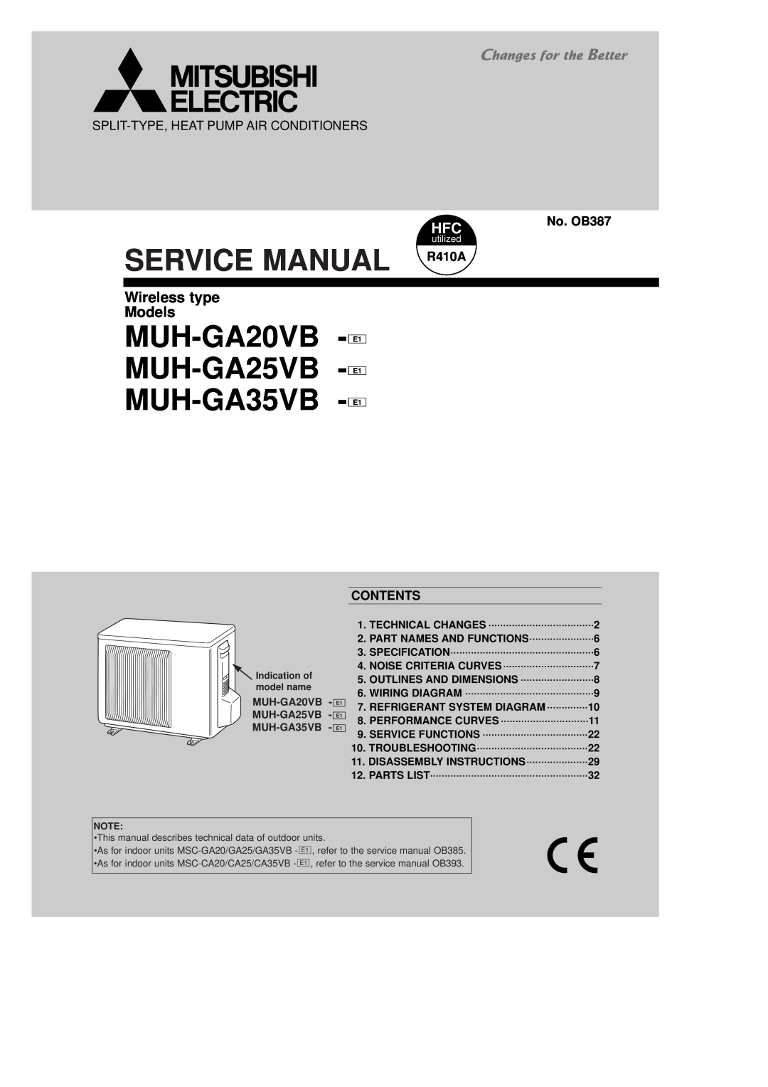 Pioneer MUH-GA25VB service manual Split-Type,Heat Pump Air Conditioners, No. OB387, Contents, Wireless type Models 