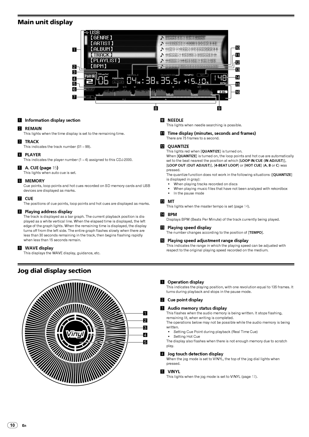 Pioneer Multi Player, CDJ-2000 operating instructions Main unit display, Jog dial display section 