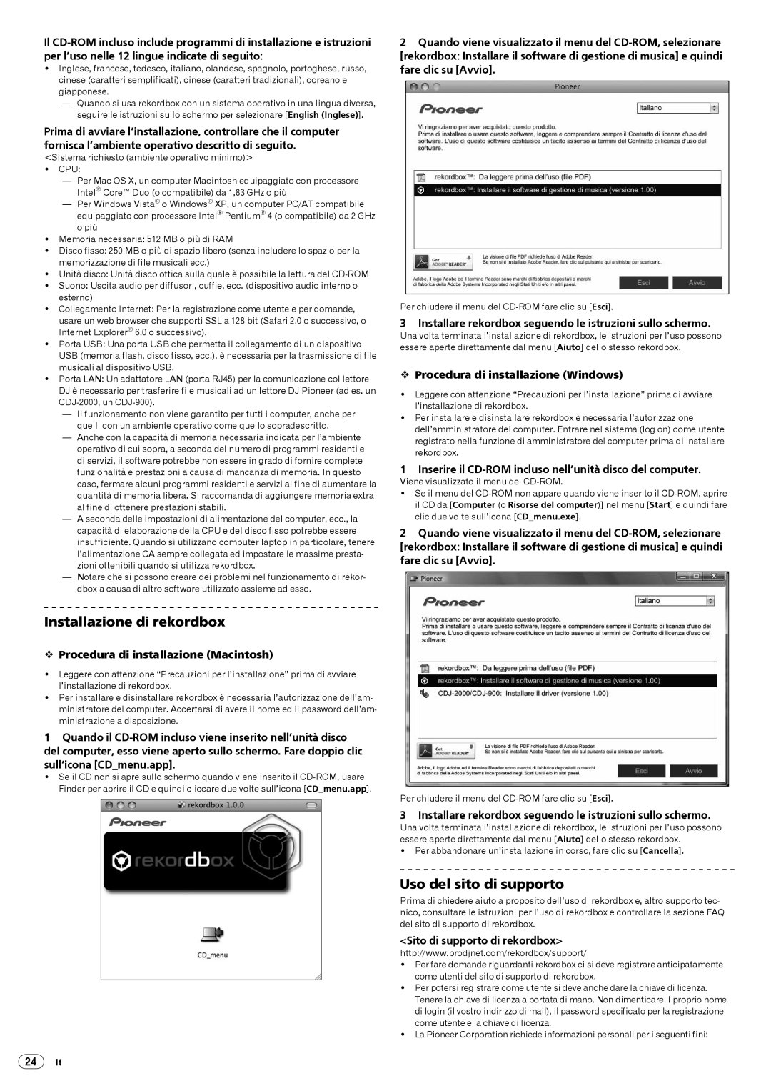 Pioneer Multi Player, CDJ-2000 operating instructions Installazione di rekordbox, Uso del sito di supporto 