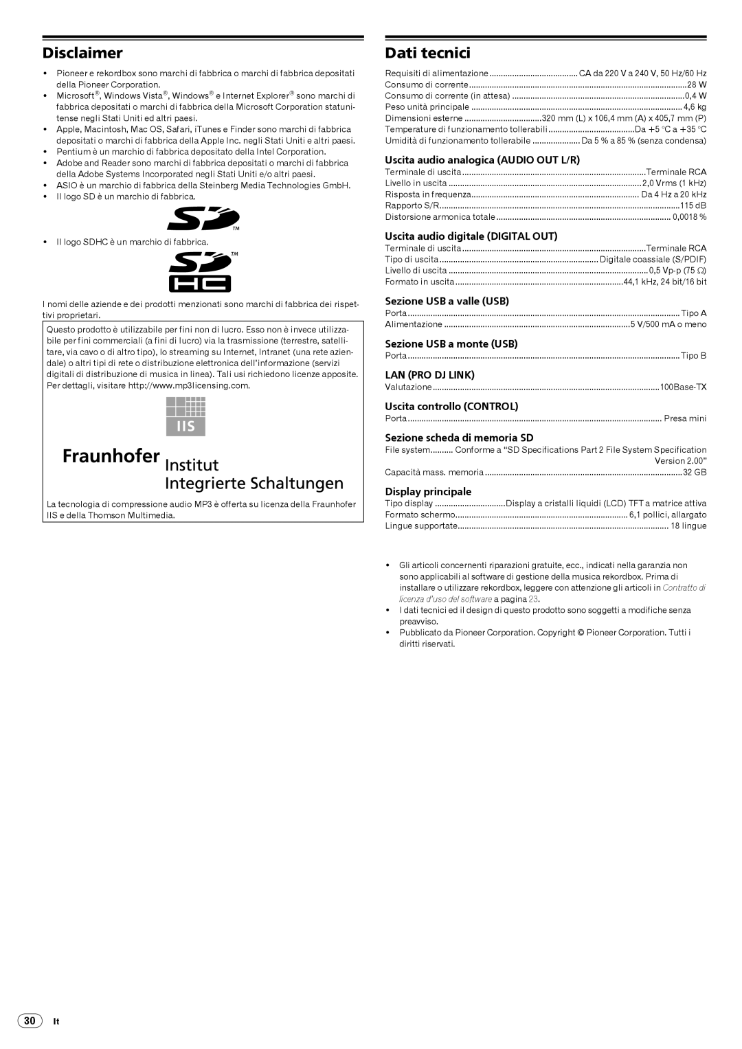 Pioneer Multi Player, CDJ-2000 operating instructions Dati tecnici 