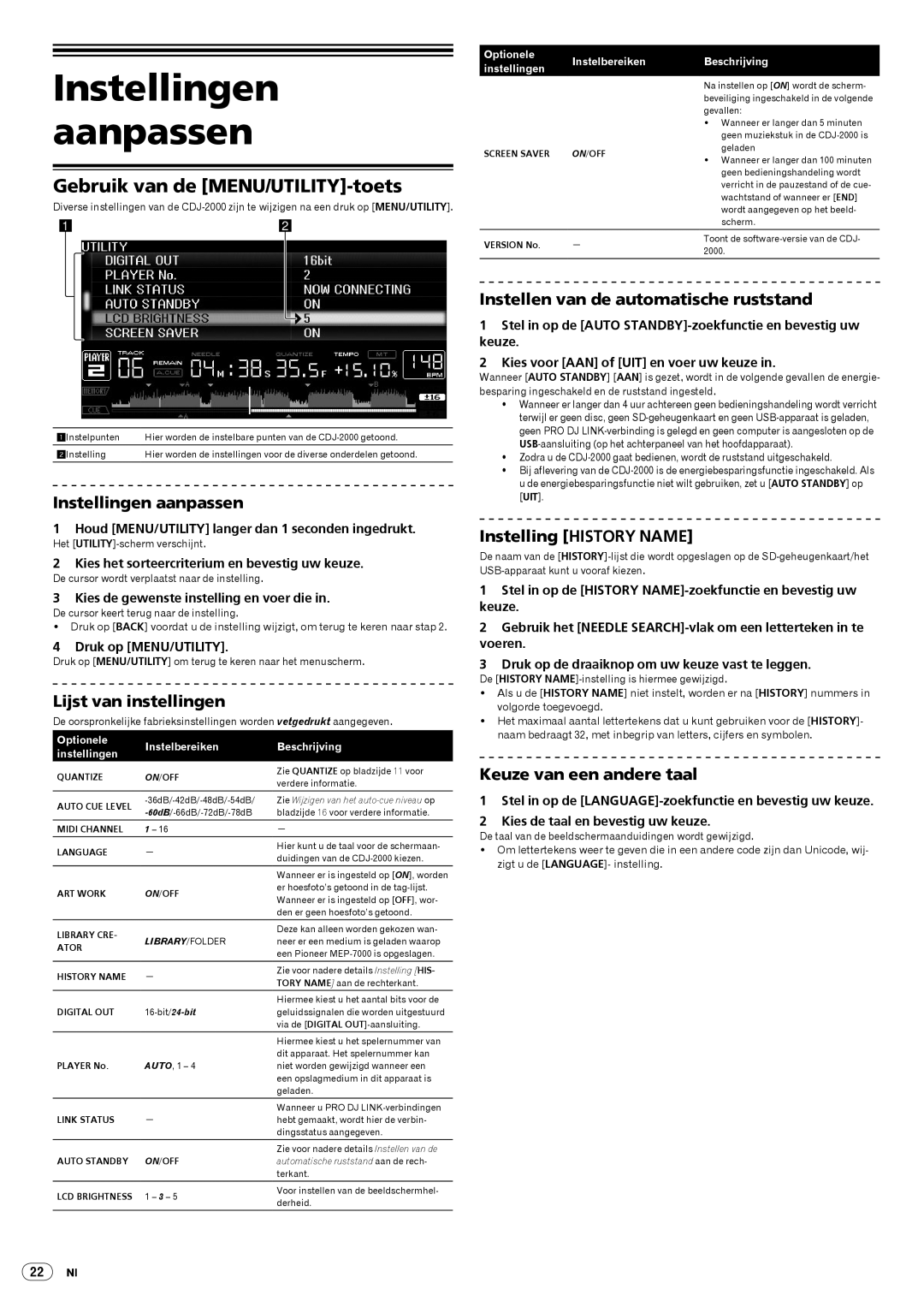 Pioneer Multi Player, CDJ-2000 operating instructions Instellingen aanpassen, Gebruik van de MENU/UTILITY-toets 