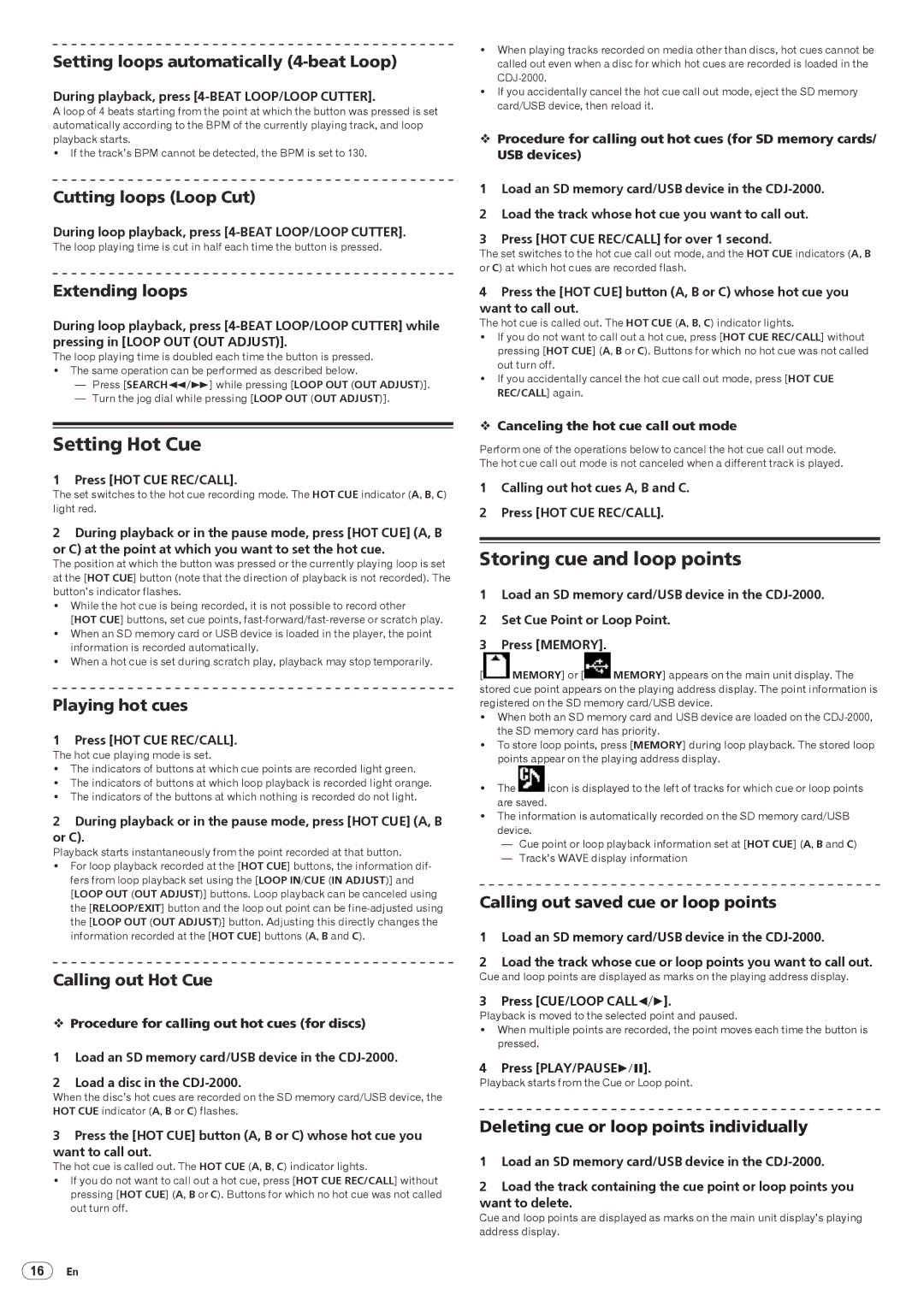 Pioneer Multi Player, CDJ-2000 operating instructions Setting Hot Cue, Storing cue and loop points 