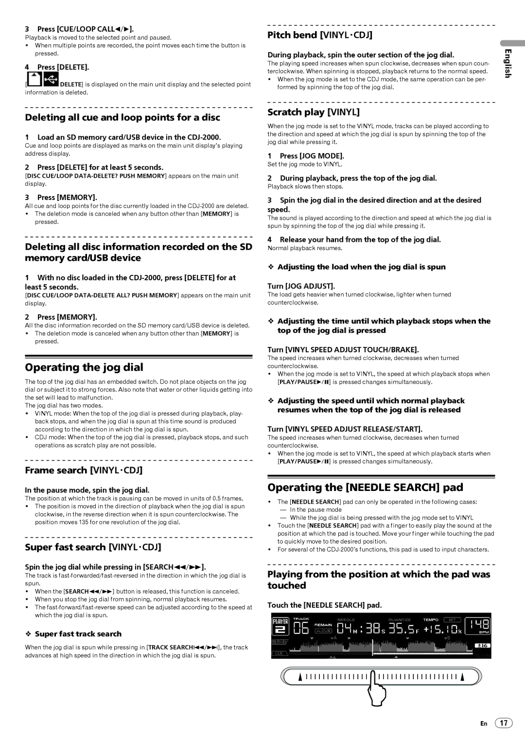 Pioneer CDJ-2000, Multi Player operating instructions Operating the jog dial, Operating the Needle Search pad 