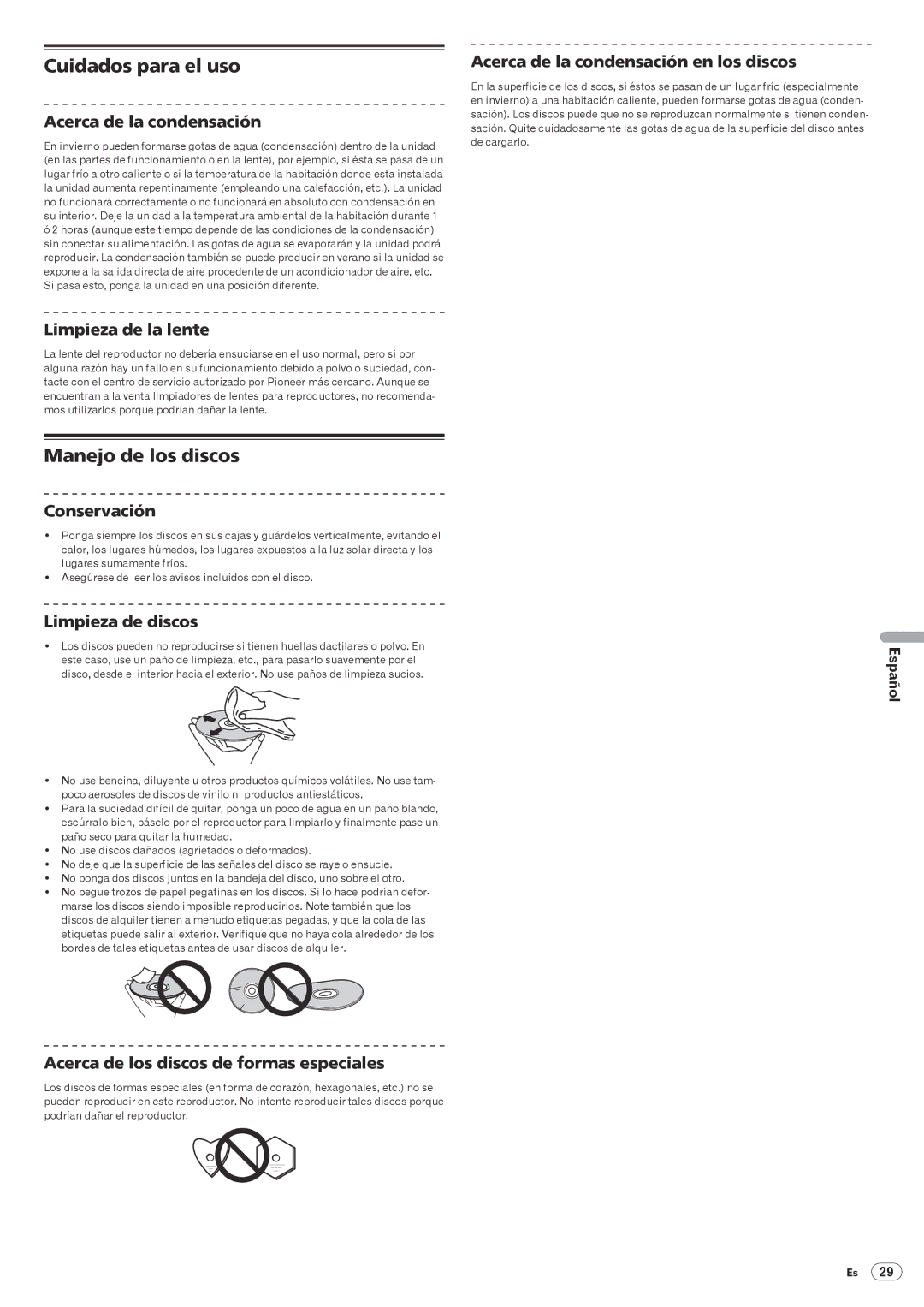 Pioneer CDJ-2000, Multi Player operating instructions Cuidados para el uso, Manejo de los discos 