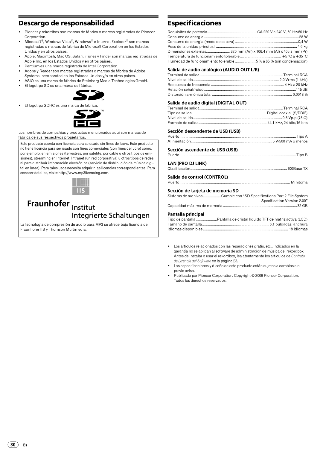 Pioneer Multi Player, CDJ-2000 operating instructions Descargo de responsabilidad, Especificaciones 