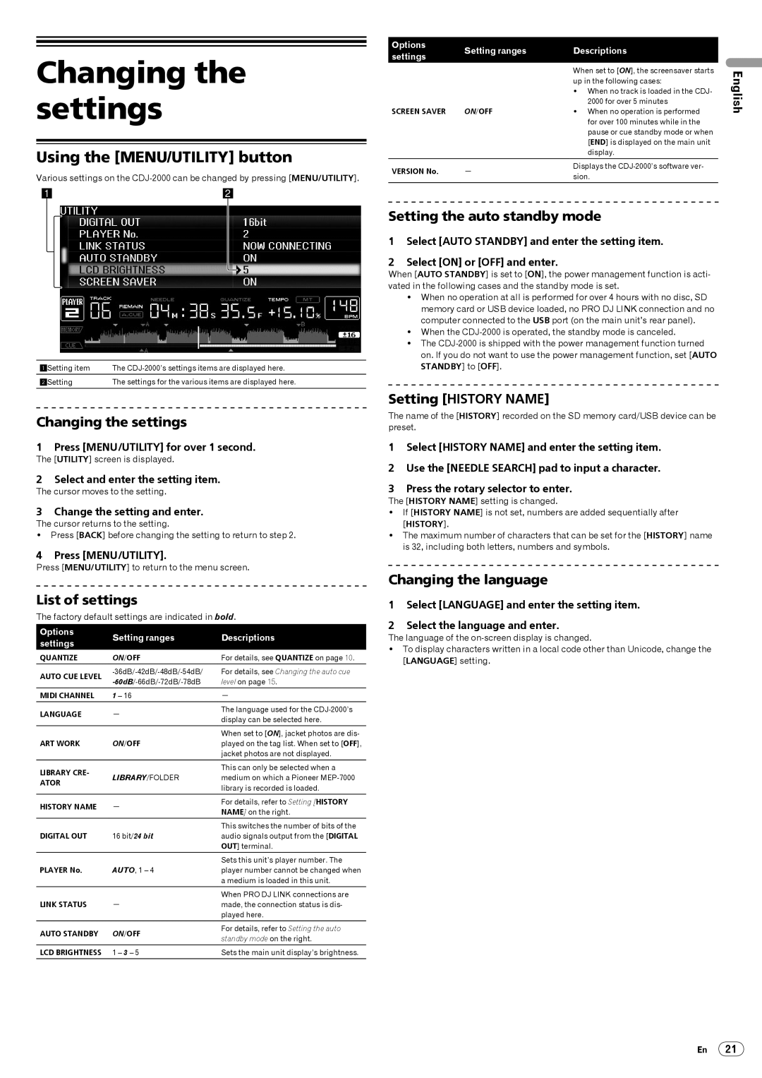 Pioneer CDJ-2000, Multi Player operating instructions Changing the settings, Using the MENU/UTILITY button 