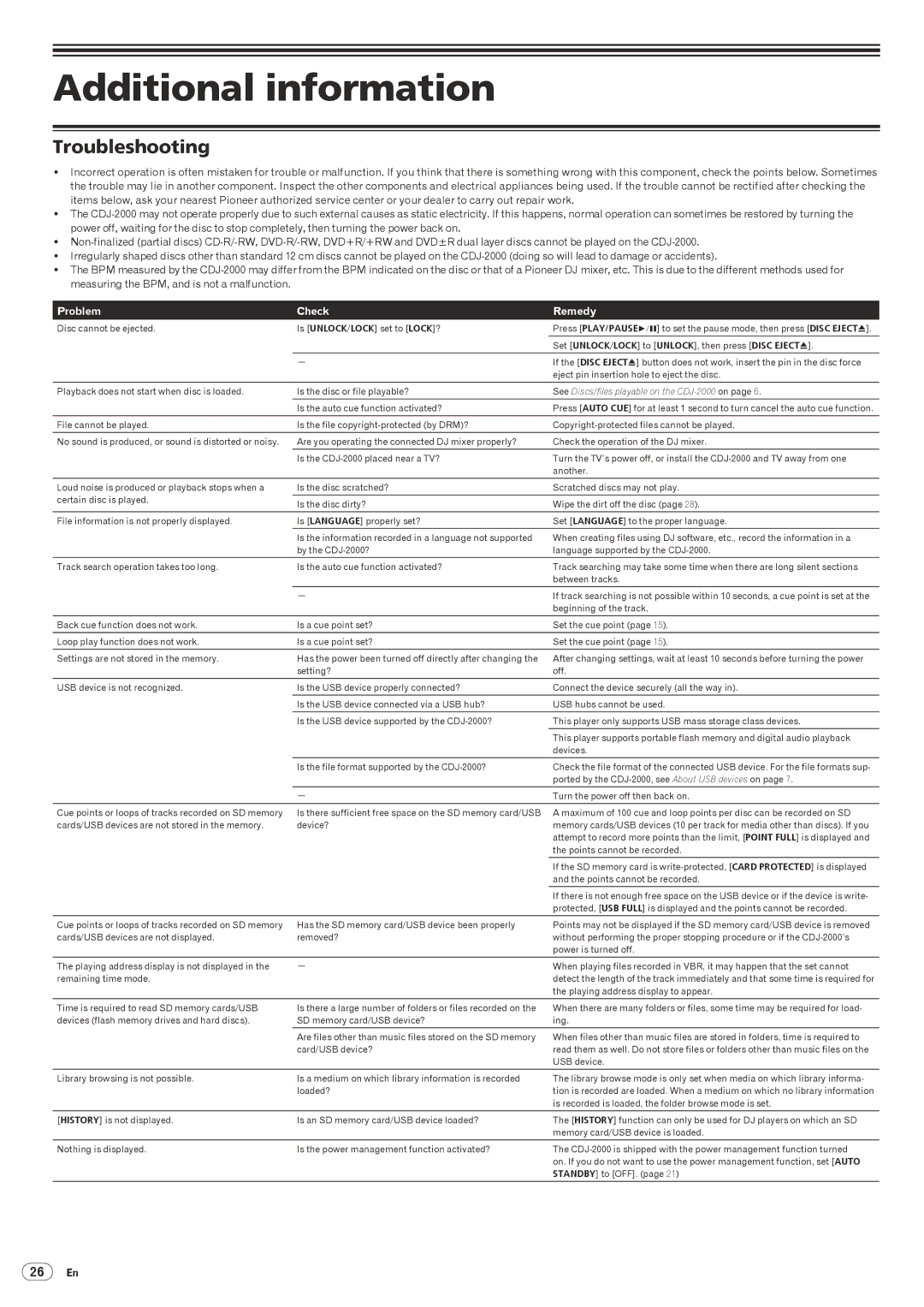 Pioneer Multi Player, CDJ-2000 operating instructions Additional information, Troubleshooting, Problem Check Remedy 