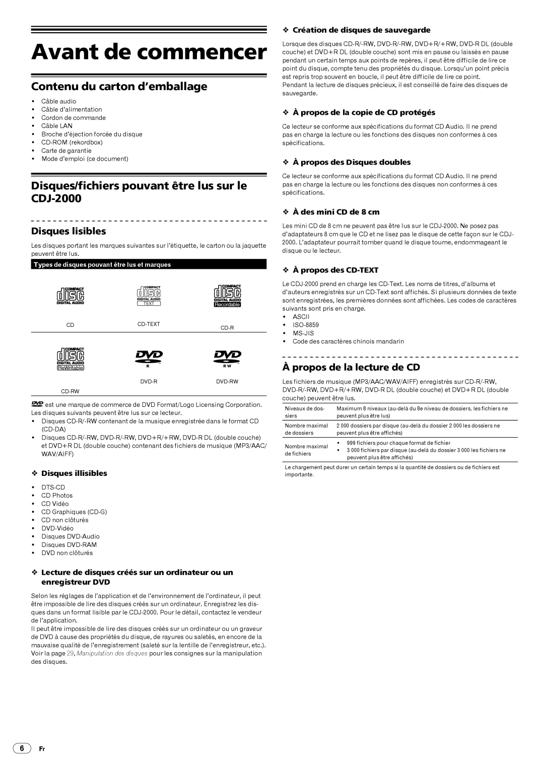 Pioneer Multi Player Avant de commencer, Contenu du carton d’emballage, Disques/fichiers pouvant être lus sur le CDJ-2000 