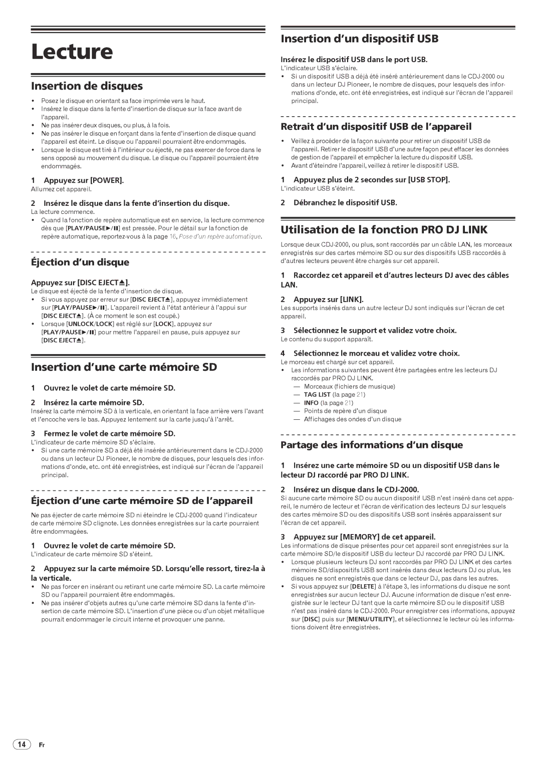 Pioneer Multi Player Lecture, Insertion de disques, Insertion d’une carte mémoire SD, Insertion d’un dispositif USB 