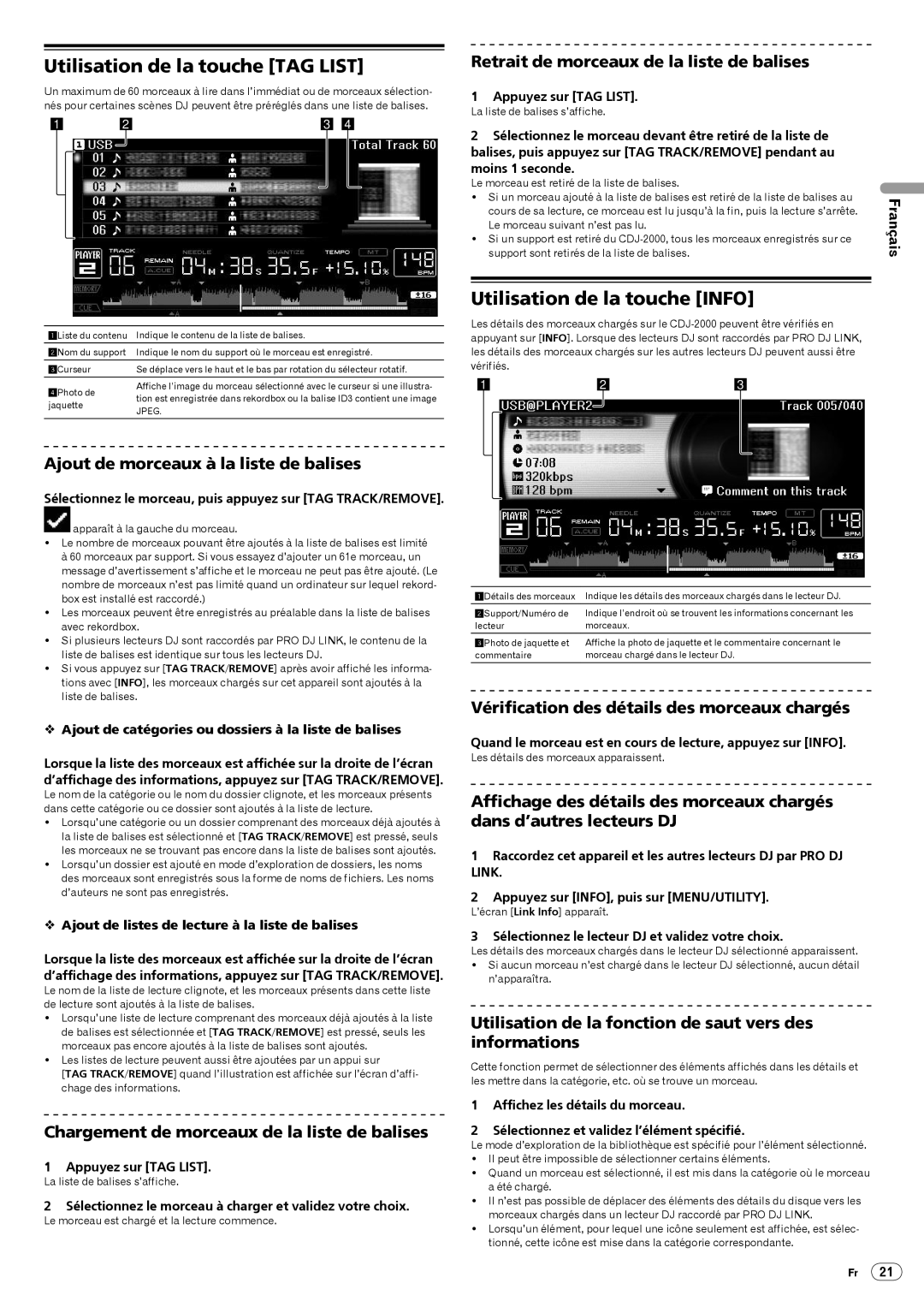 Pioneer CDJ-2000, Multi Player operating instructions Utilisation de la touche TAG List, Utilisation de la touche Info 