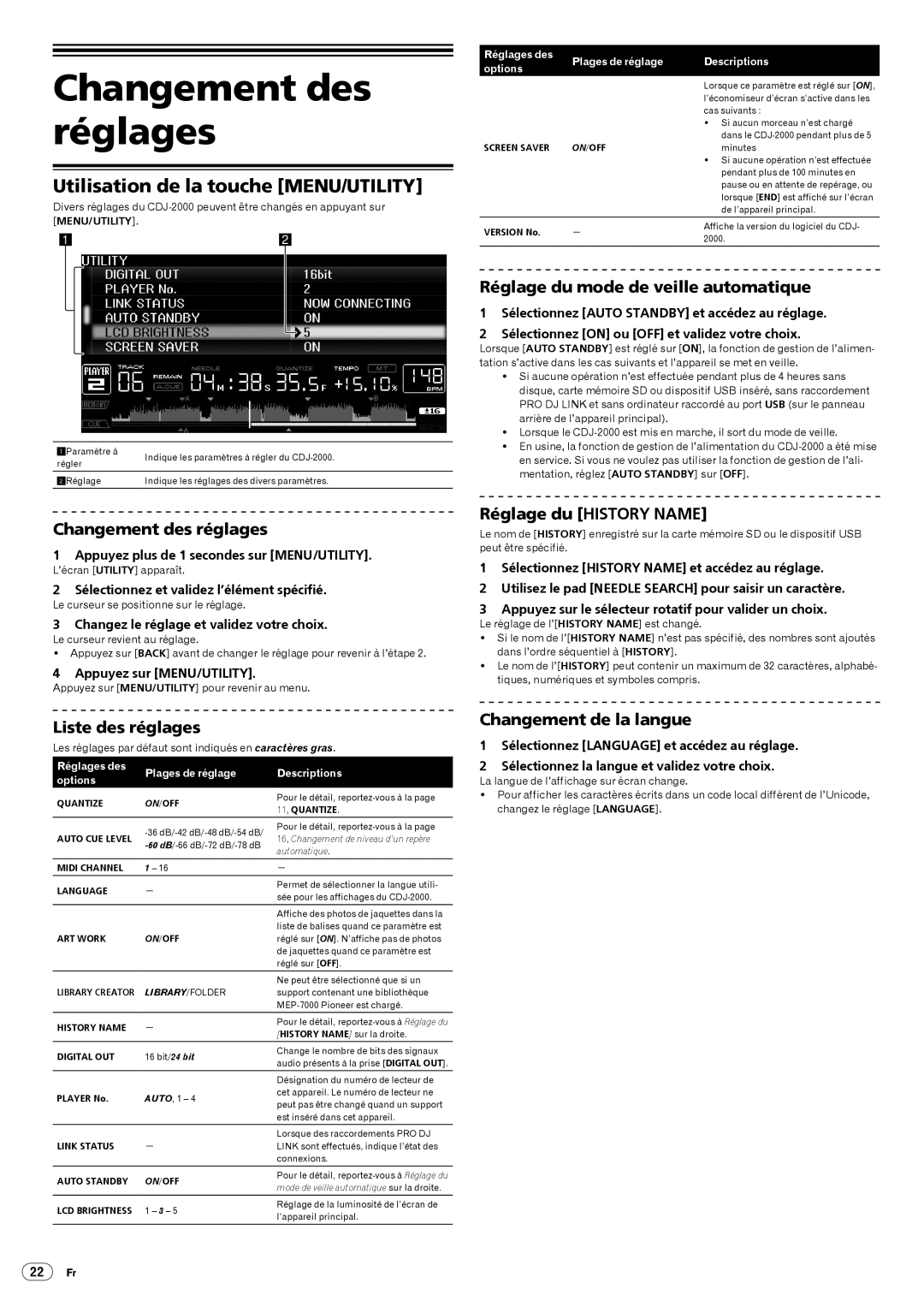 Pioneer Multi Player, CDJ-2000 operating instructions Changement des réglages, Utilisation de la touche MENU/UTILITY 