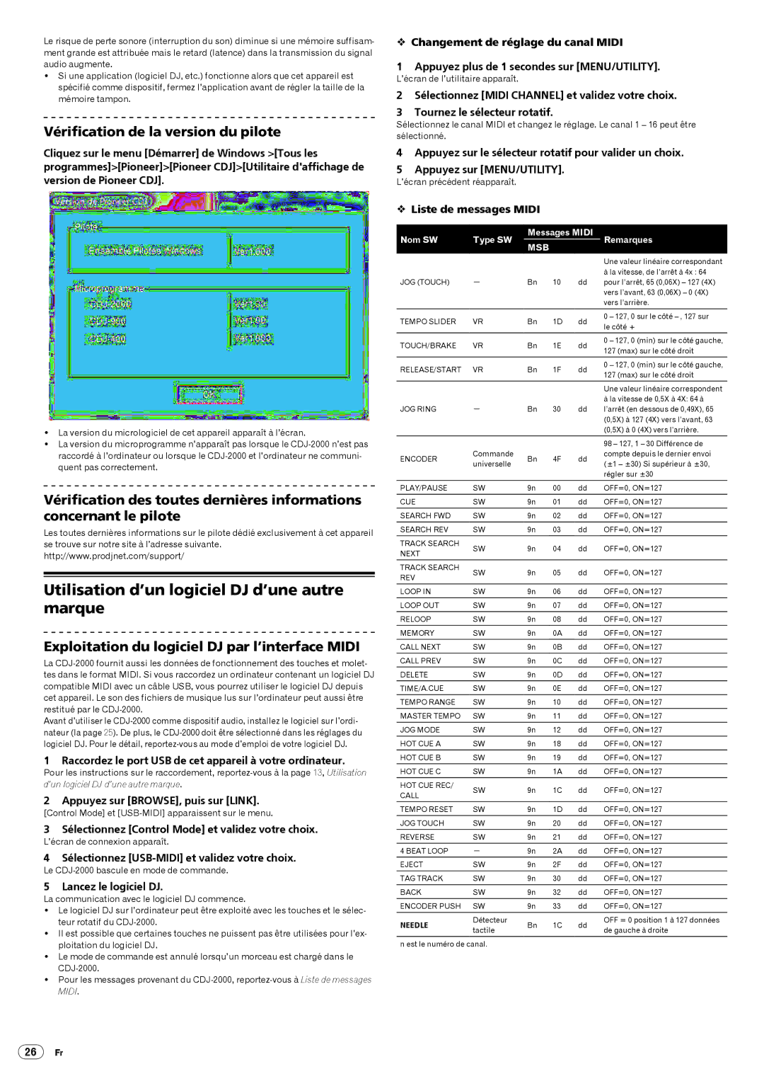 Pioneer Multi Player, CDJ-2000 Vérification de la version du pilote, Exploitation du logiciel DJ par l’interface Midi 