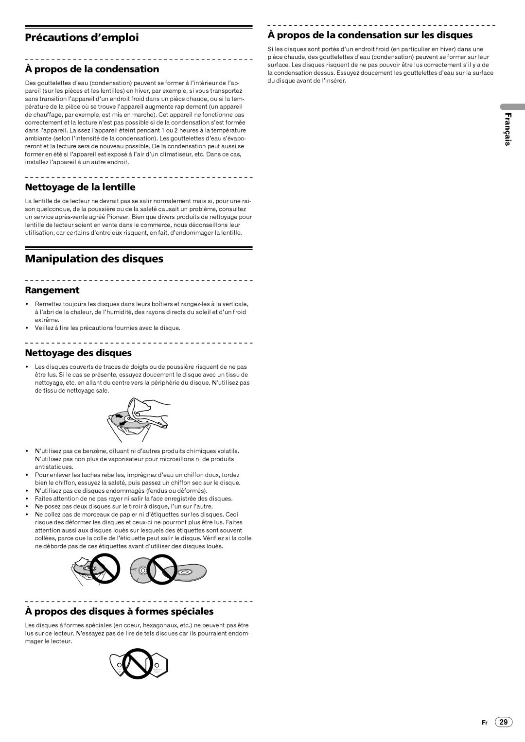 Pioneer CDJ-2000, Multi Player operating instructions Précautions d’emploi, Manipulation des disques 