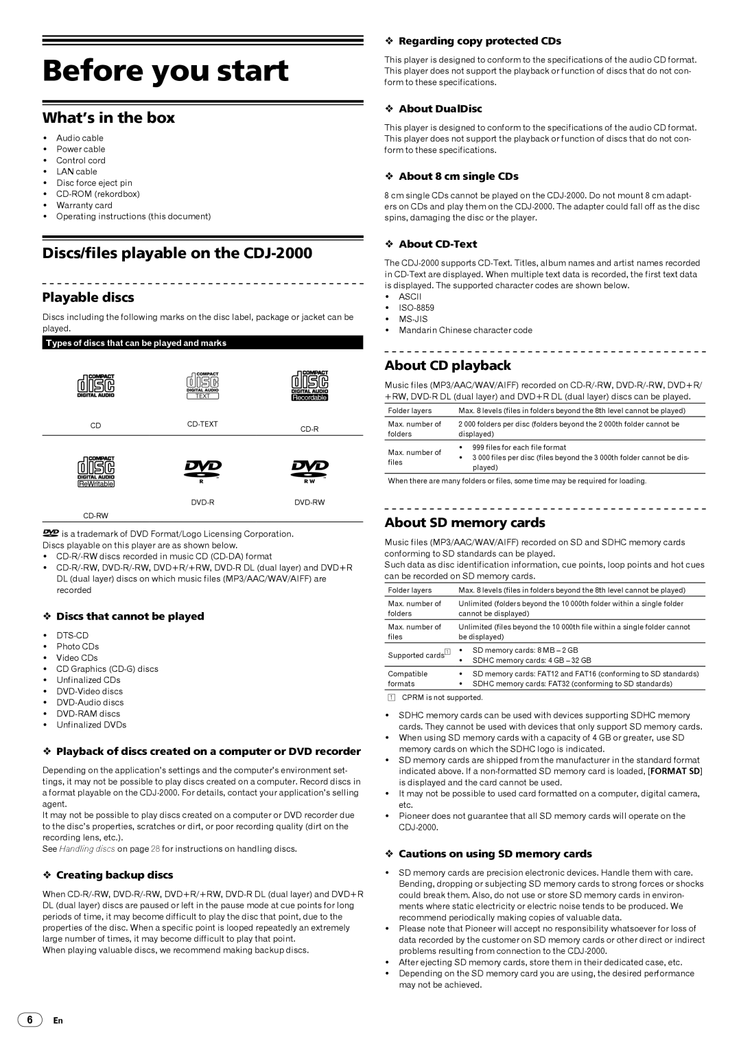 Pioneer Multi Player operating instructions Before you start, What’s in the box, Discs/files playable on the CDJ-2000 