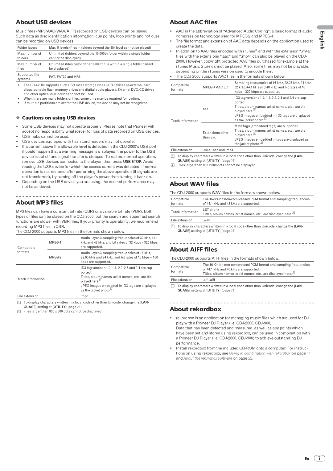 Pioneer CDJ-2000 About USB devices, About MP3 files, About AAC files, About WAV files, About Aiff files, About rekordbox 