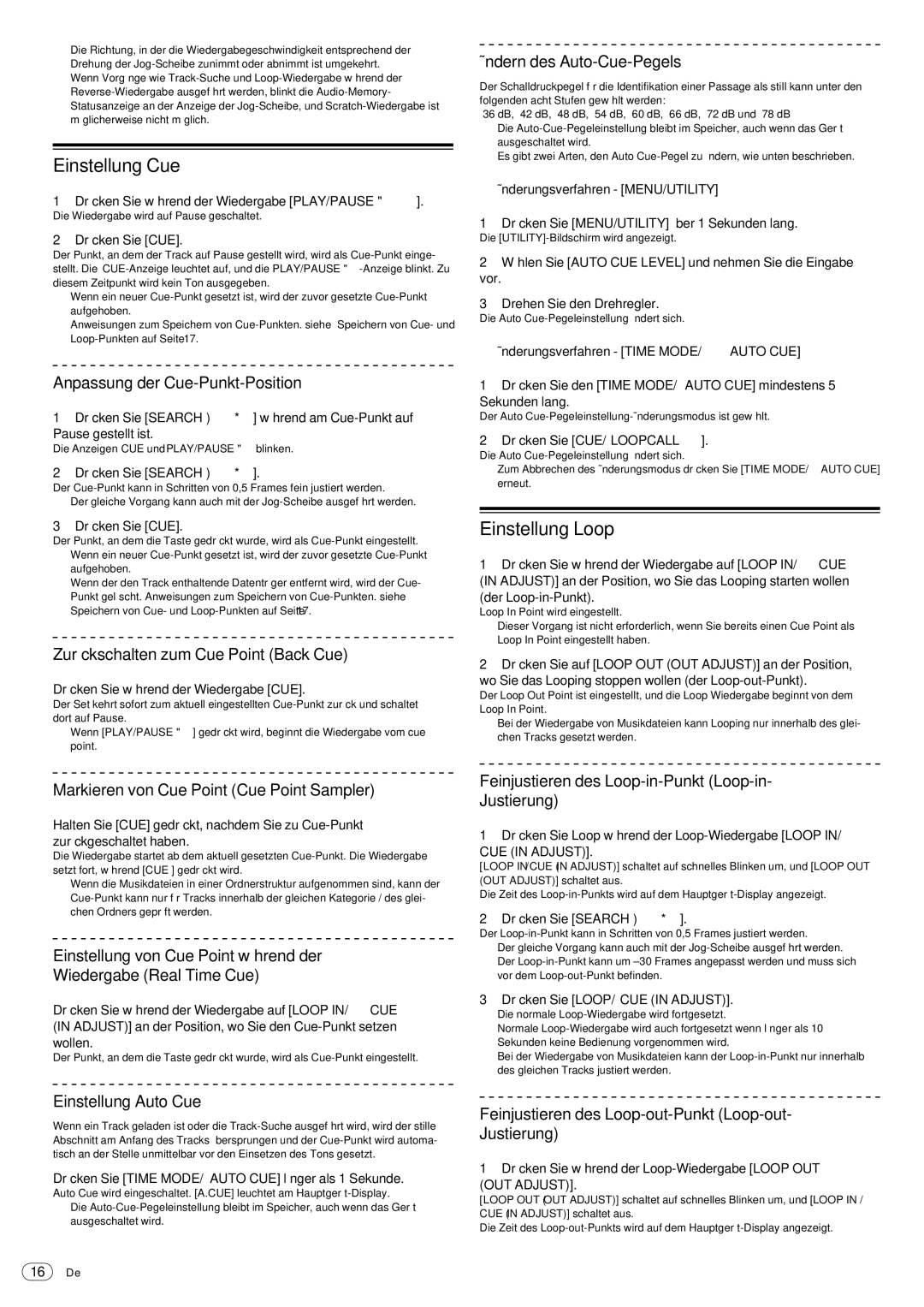 Pioneer Multi Player, CDJ-2000 operating instructions Einstellung Cue, Einstellung Loop 