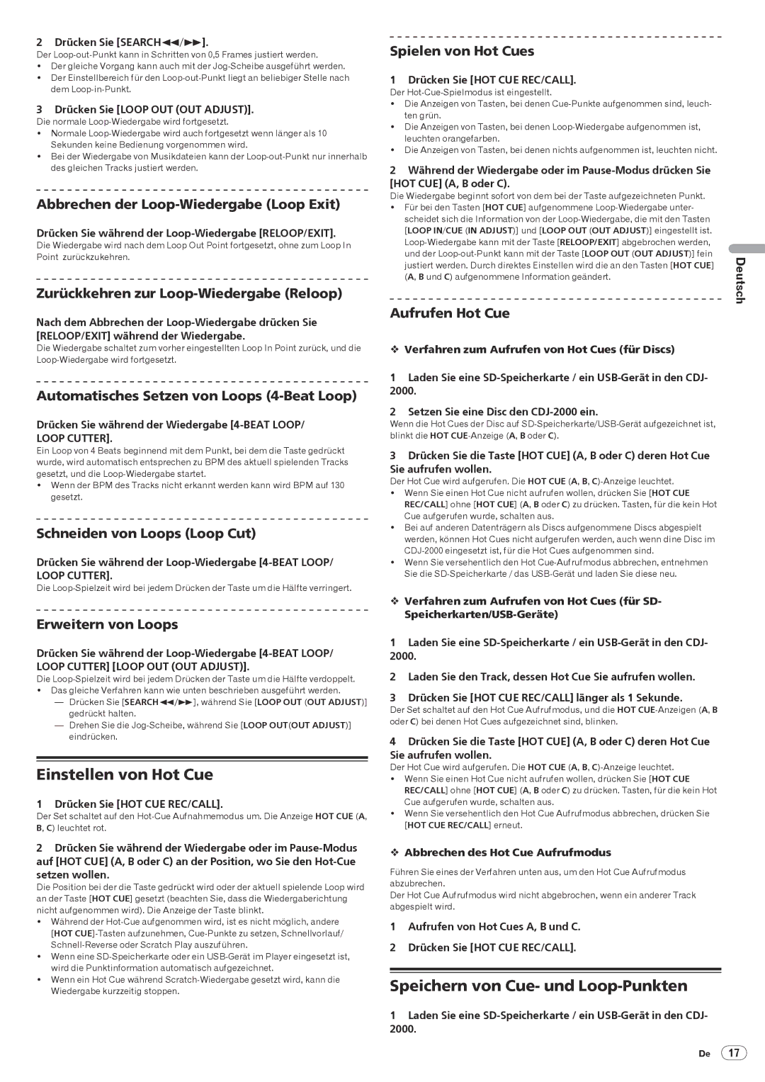 Pioneer CDJ-2000, Multi Player operating instructions Einstellen von Hot Cue, Speichern von Cue- und Loop-Punkten 