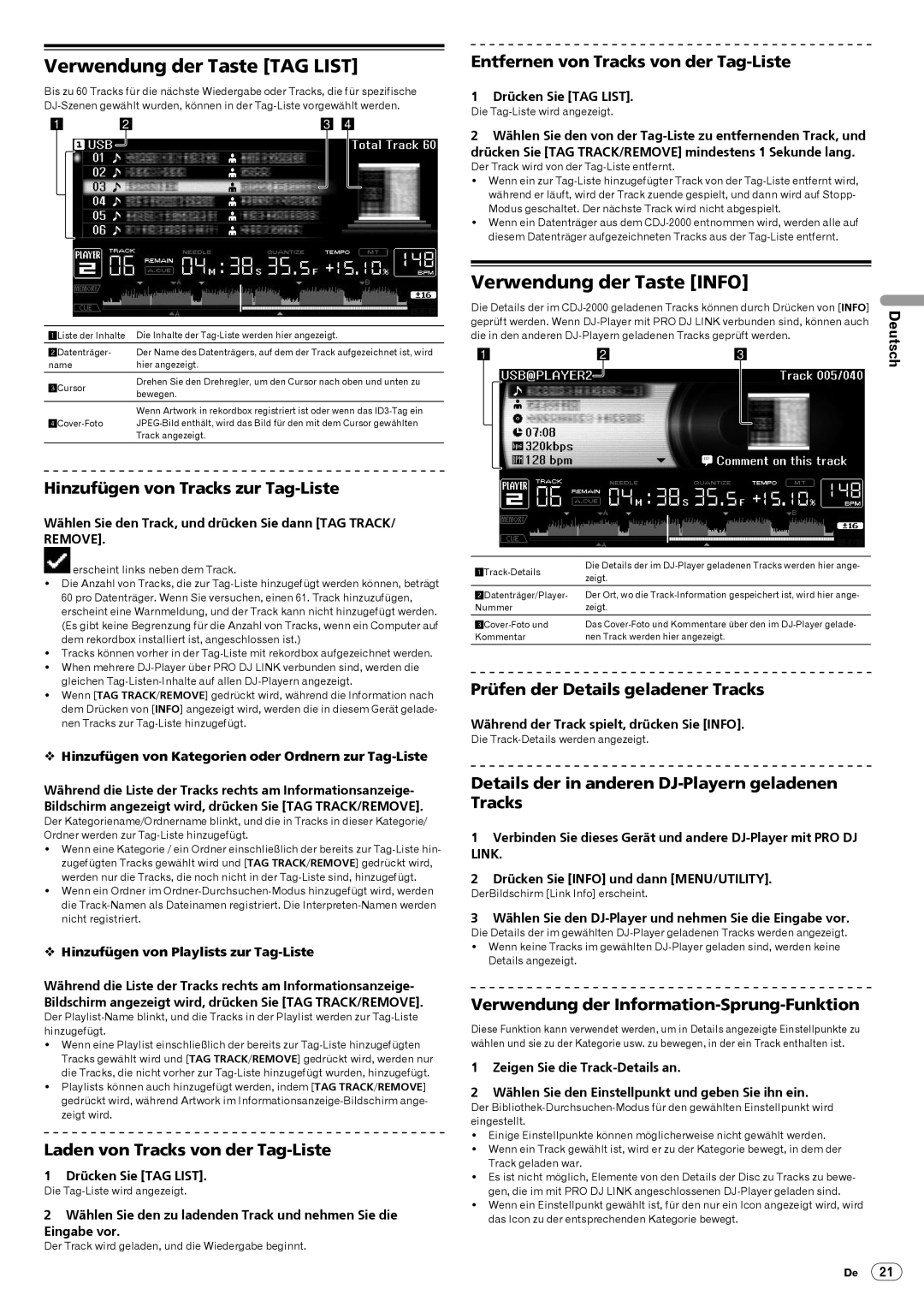 Pioneer CDJ-2000, Multi Player operating instructions Verwendung der Taste TAG List, Verwendung der Taste Info 