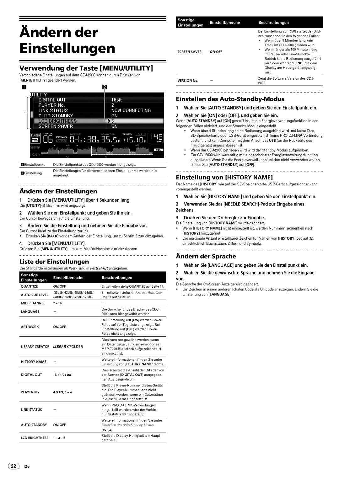 Pioneer Multi Player, CDJ-2000 operating instructions Ändern der Einstellungen, Verwendung der Taste MENU/UTILITY 