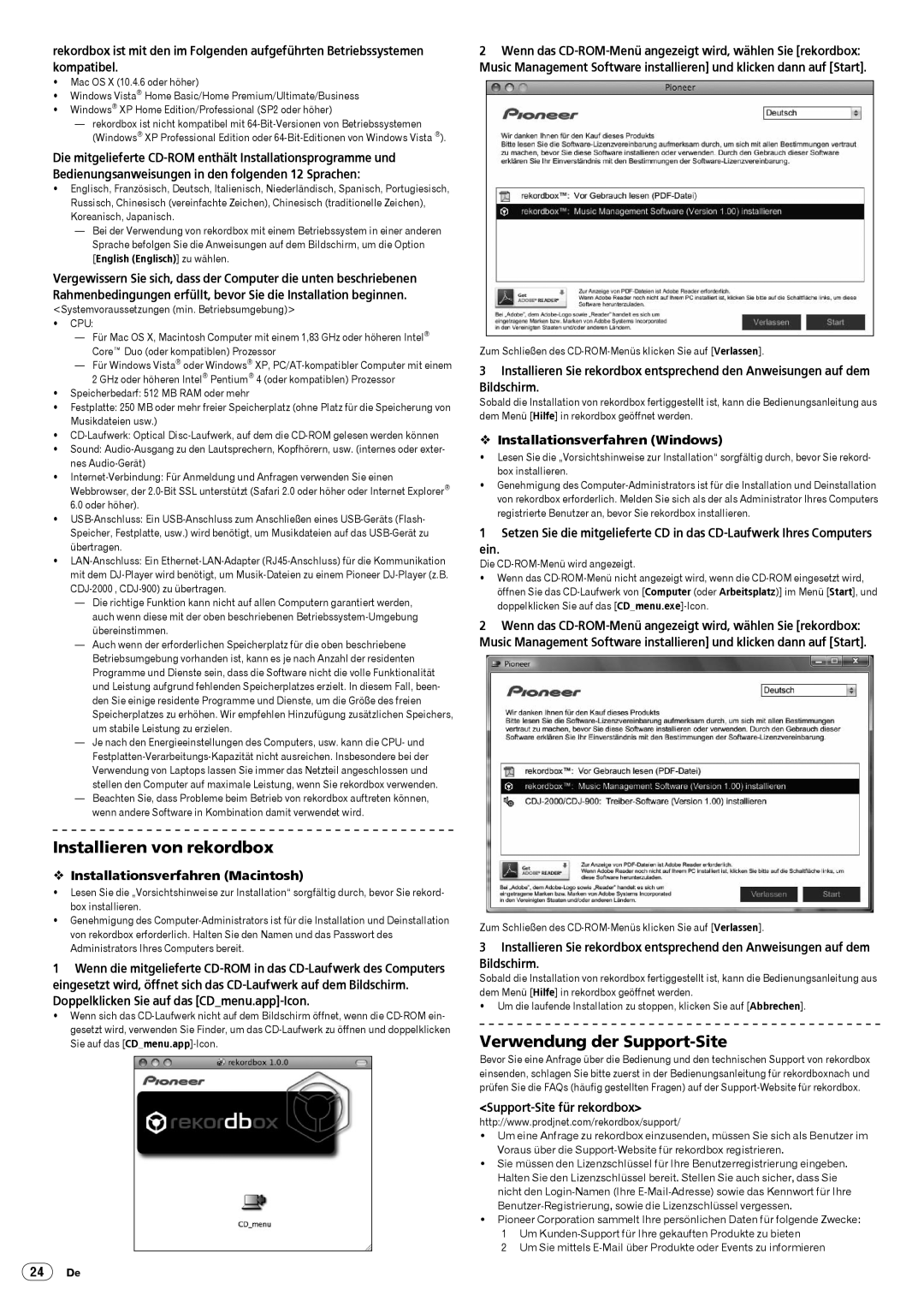 Pioneer Multi Player, CDJ-2000 operating instructions Installieren von rekordbox, Verwendung der Support-Site 