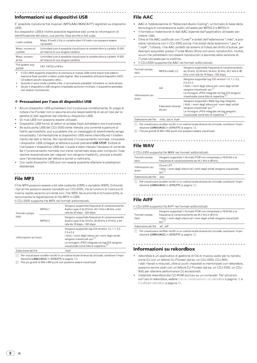 Pioneer Multi Player Informazioni sui dispositivi USB, File MP3, File AAC, File WAV, File Aiff, Informazioni su rekordbox 