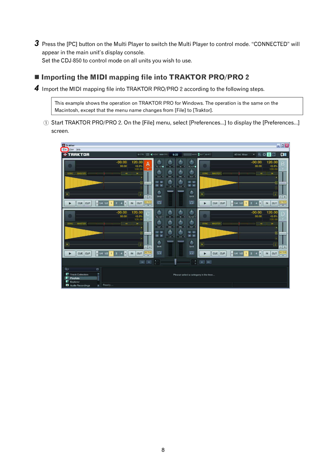 Pioneer CDJ-850, Multi Player TRAKTOR PRO/PRO 2 manual  Importing the Midi mapping file into Traktor PRO/PRO 