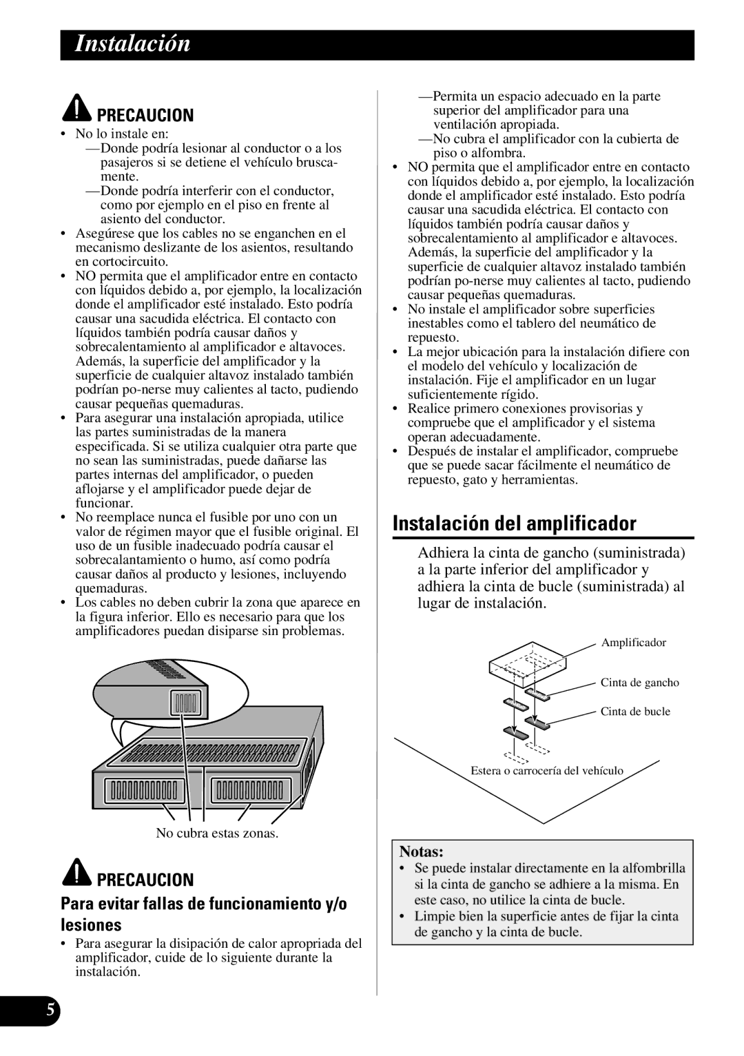 Pioneer ND-G500 owner manual Instalación del amplificador, Para evitar fallas de funcionamiento y/o lesiones, Notas 