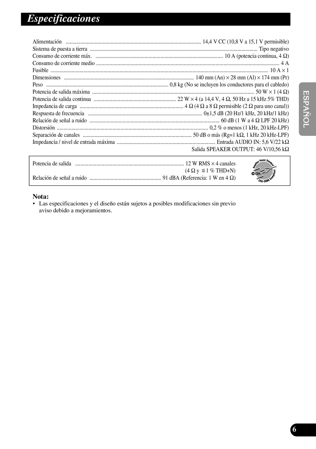 Pioneer ND-G500 owner manual Especificaciones, Nota 