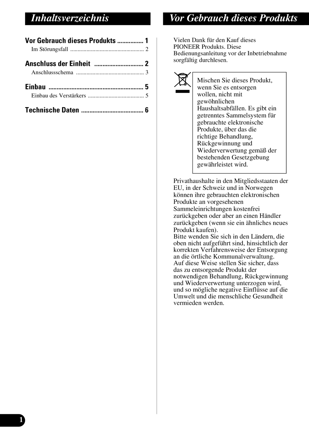 Pioneer ND-G500 owner manual Inhaltsverzeichnis, Vor Gebrauch dieses Produkts 