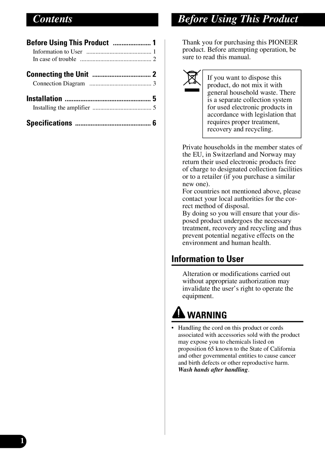 Pioneer ND-G500 owner manual Contents, Before Using This Product 