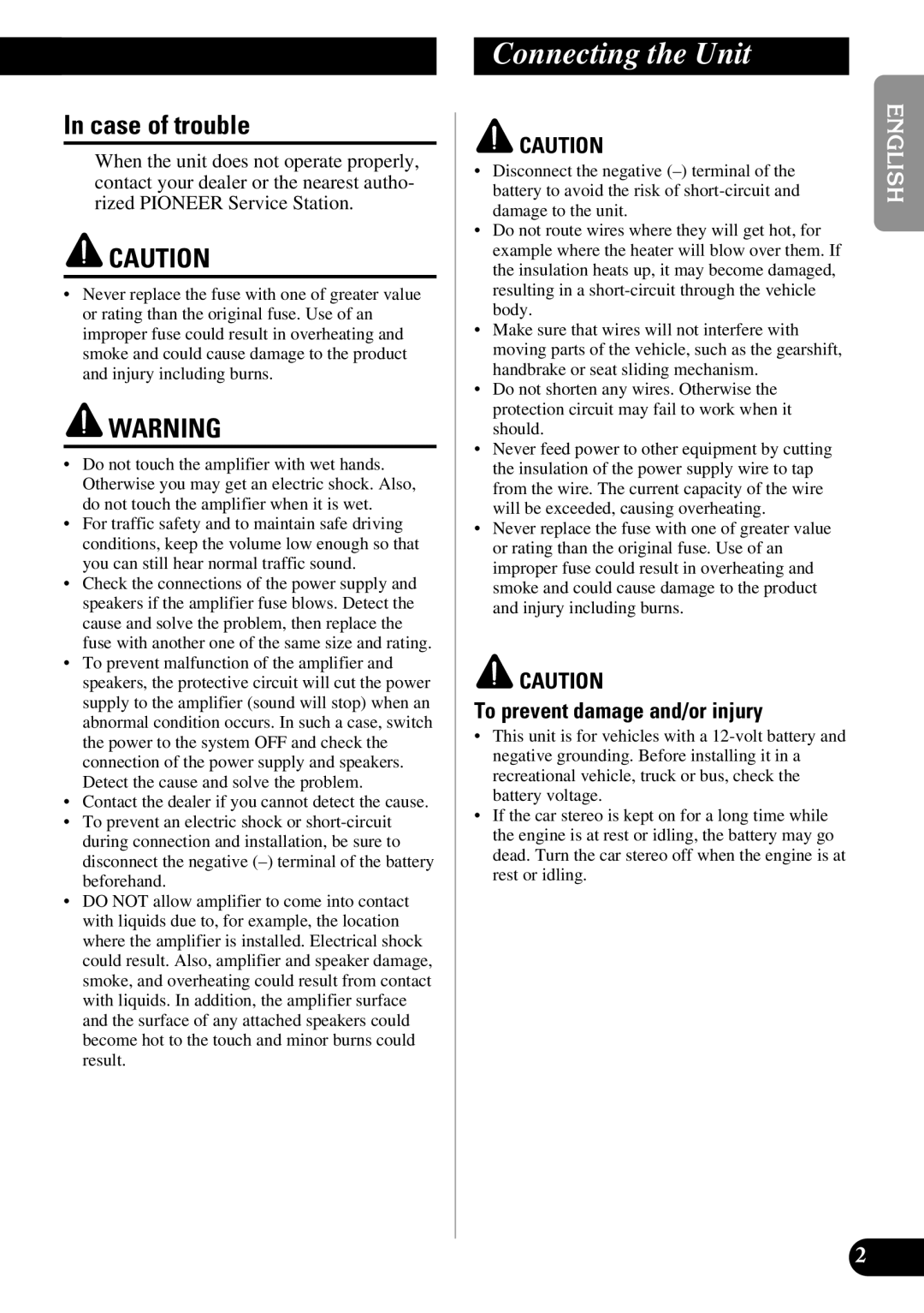 Pioneer ND-G500 owner manual Connecting the Unit, Case of trouble, To prevent damage and/or injury 