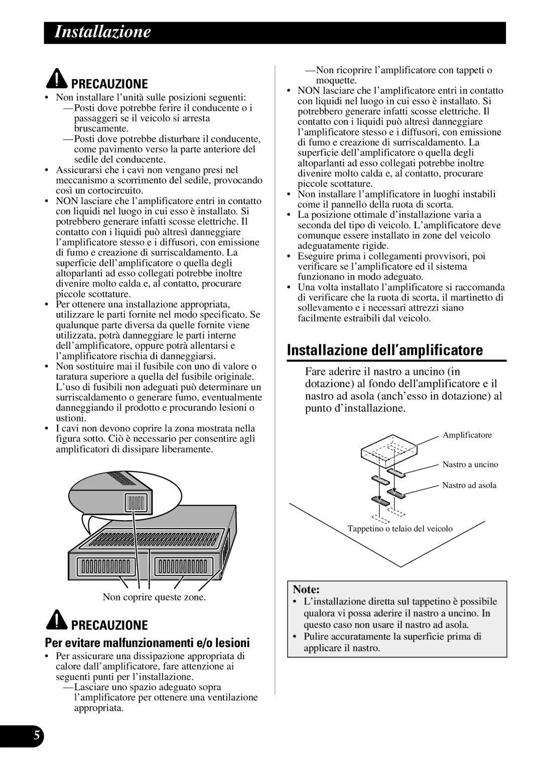 Pioneer ND-G500 owner manual Installazione dell’amplificatore, Non coprire queste zone 