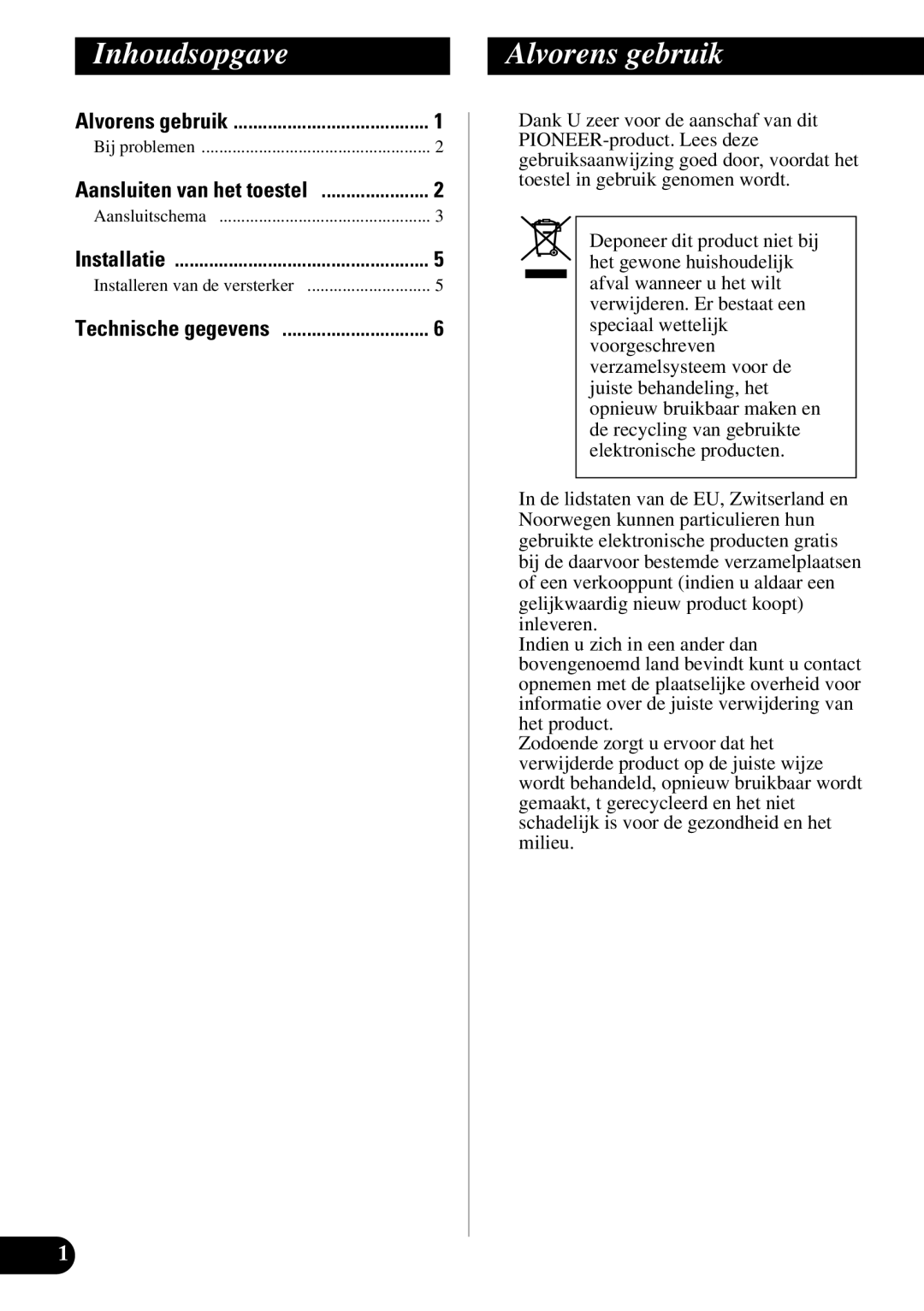 Pioneer ND-G500 owner manual Inhoudsopgave, Alvorens gebruik 