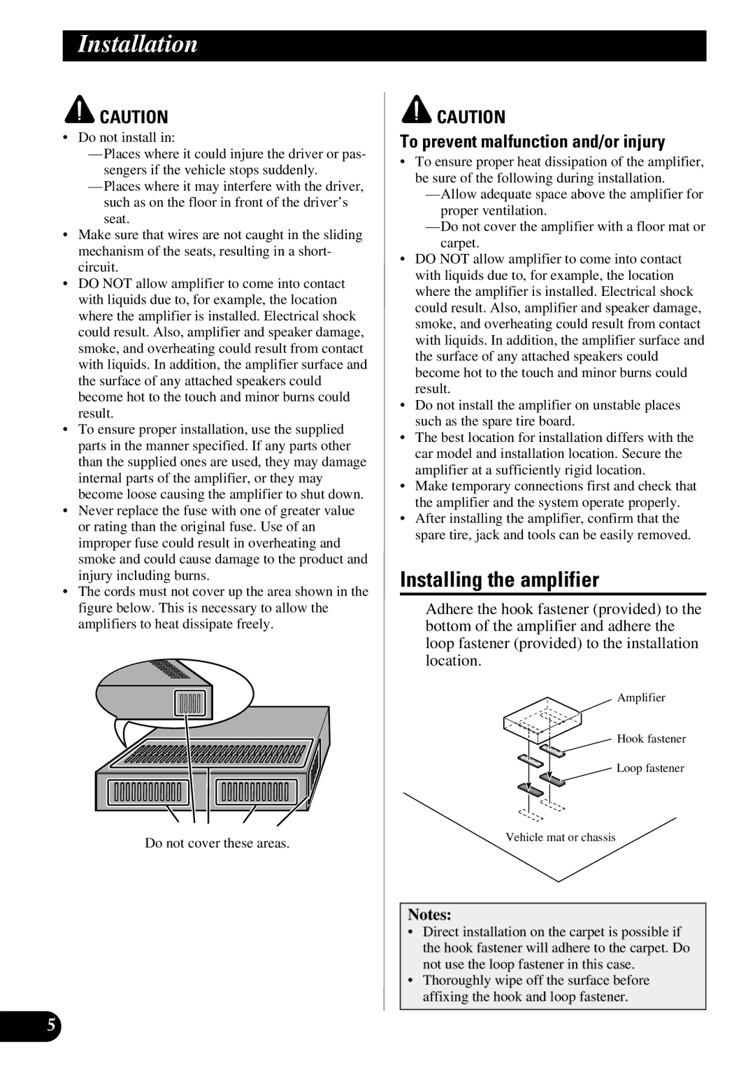 Pioneer ND-G500 owner manual Installation, Installing the amplifier, To prevent malfunction and/or injury 