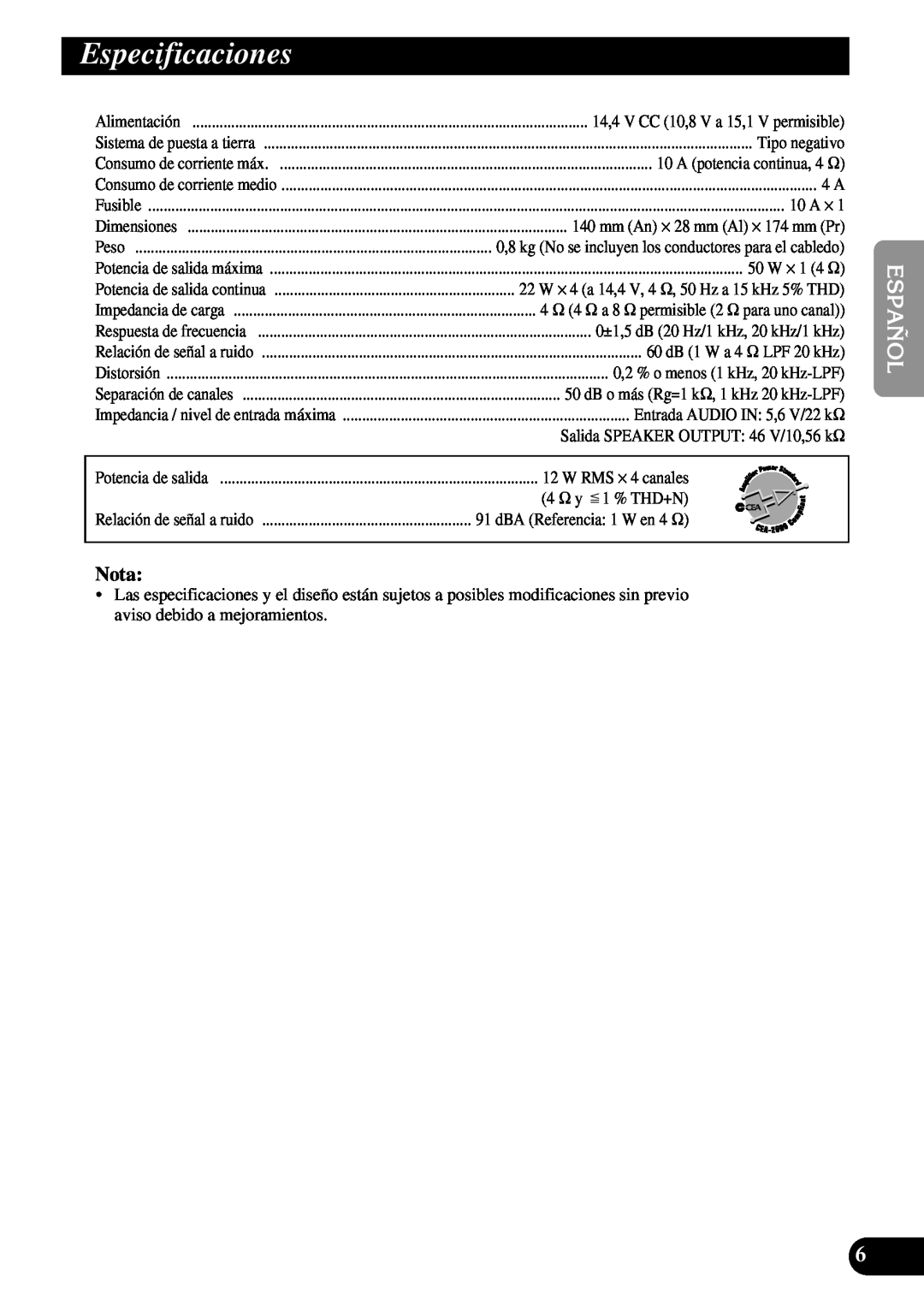 Pioneer ND-G500 owner manual Especificaciones, Nota 