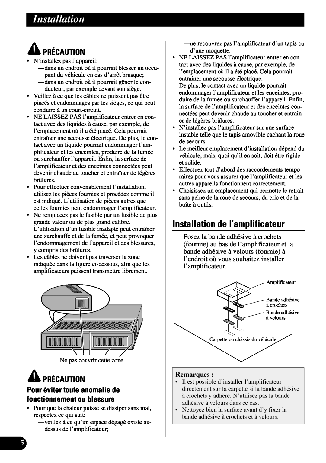 Pioneer ND-G500 owner manual Installation de l’amplificateur, Remarques, Précaution 