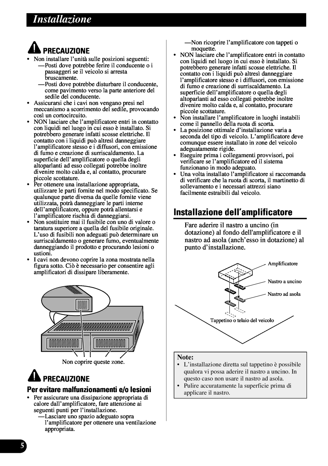 Pioneer ND-G500 owner manual Installazione dell’amplificatore, Per evitare malfunzionamenti e/o lesioni, Precauzione 