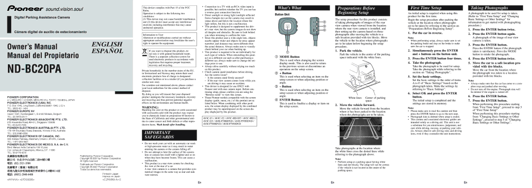 Pioneer NDBC20PA owner manual Whats What, First Time Setup, Beginning Setup, Preparations Before, Taking Photographs 