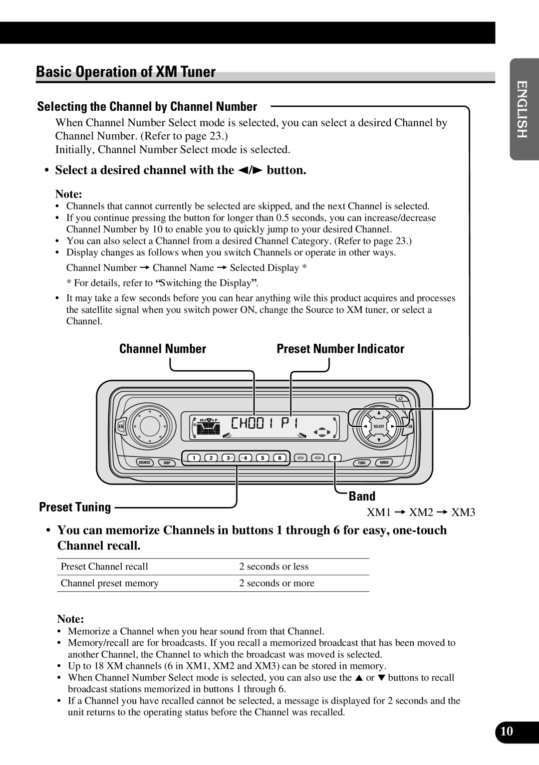 Pioneer P3370XM operation manual Basic Operation of XM Tuner, Selecting the Channel by Channel Number, Band Preset Tuning 