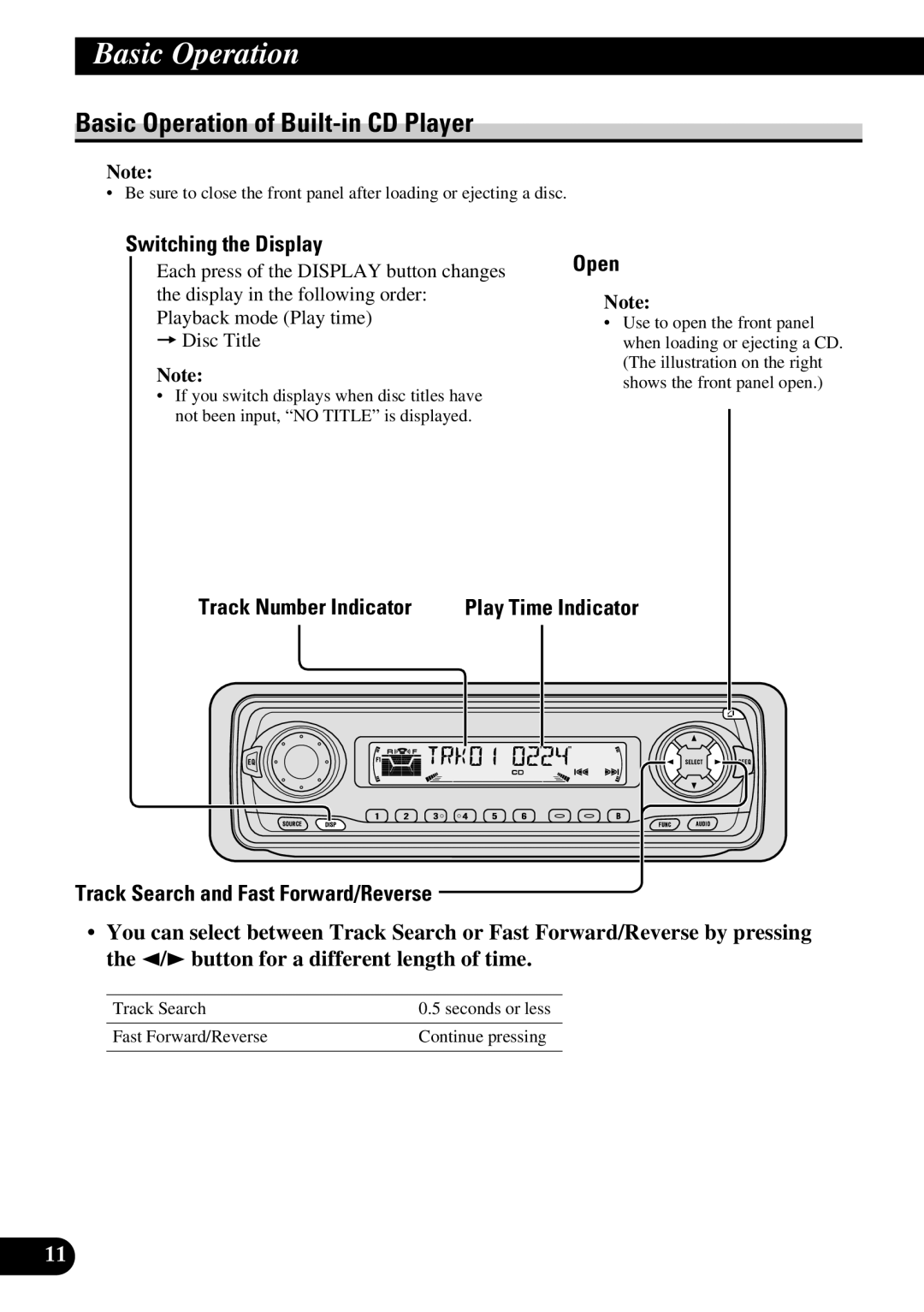 Pioneer P3370XM operation manual Basic Operation of Built-in CD Player, Switching the Display, Open, Track Number Indicator 