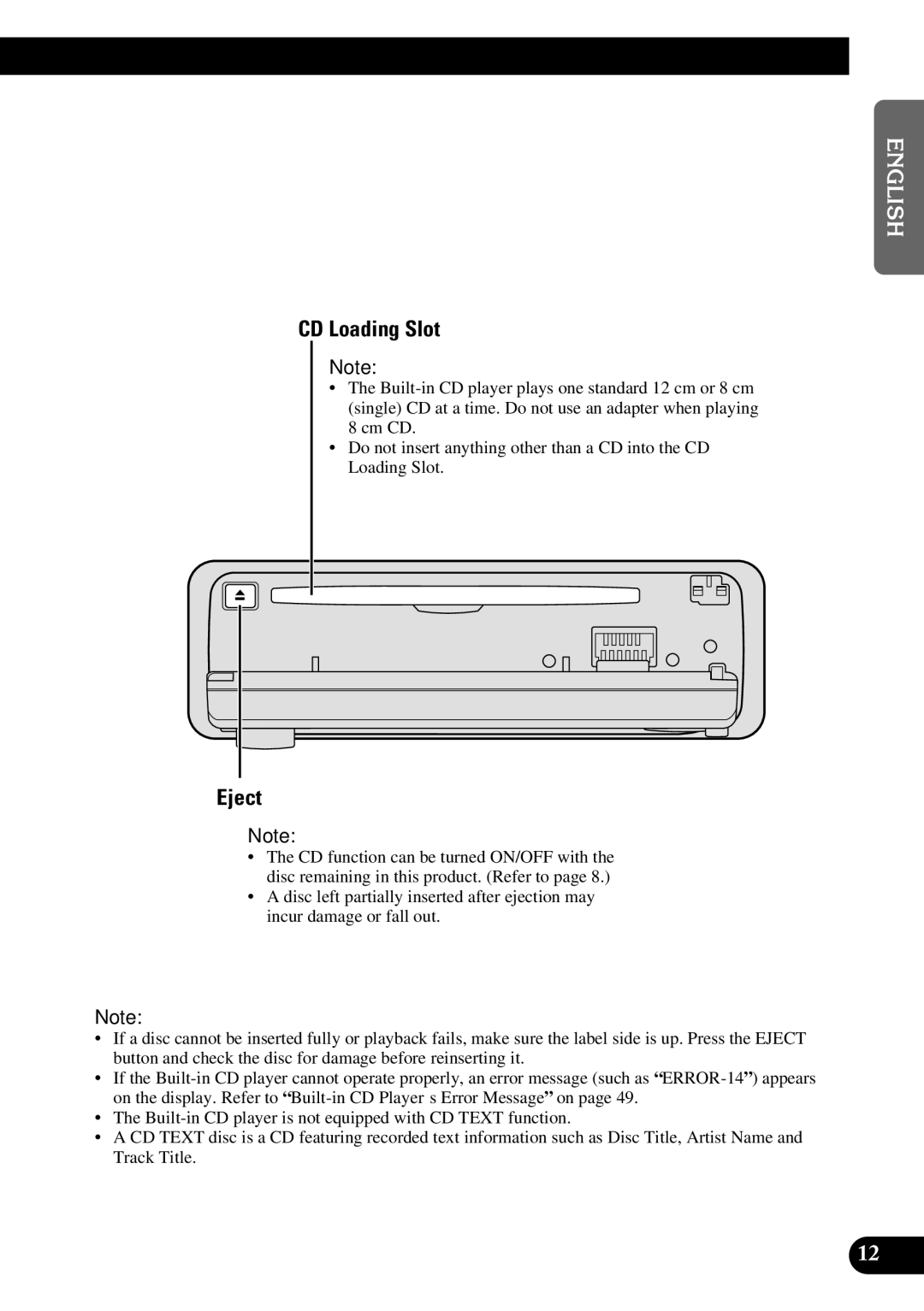 Pioneer P3370XM operation manual CD Loading Slot, Eject 