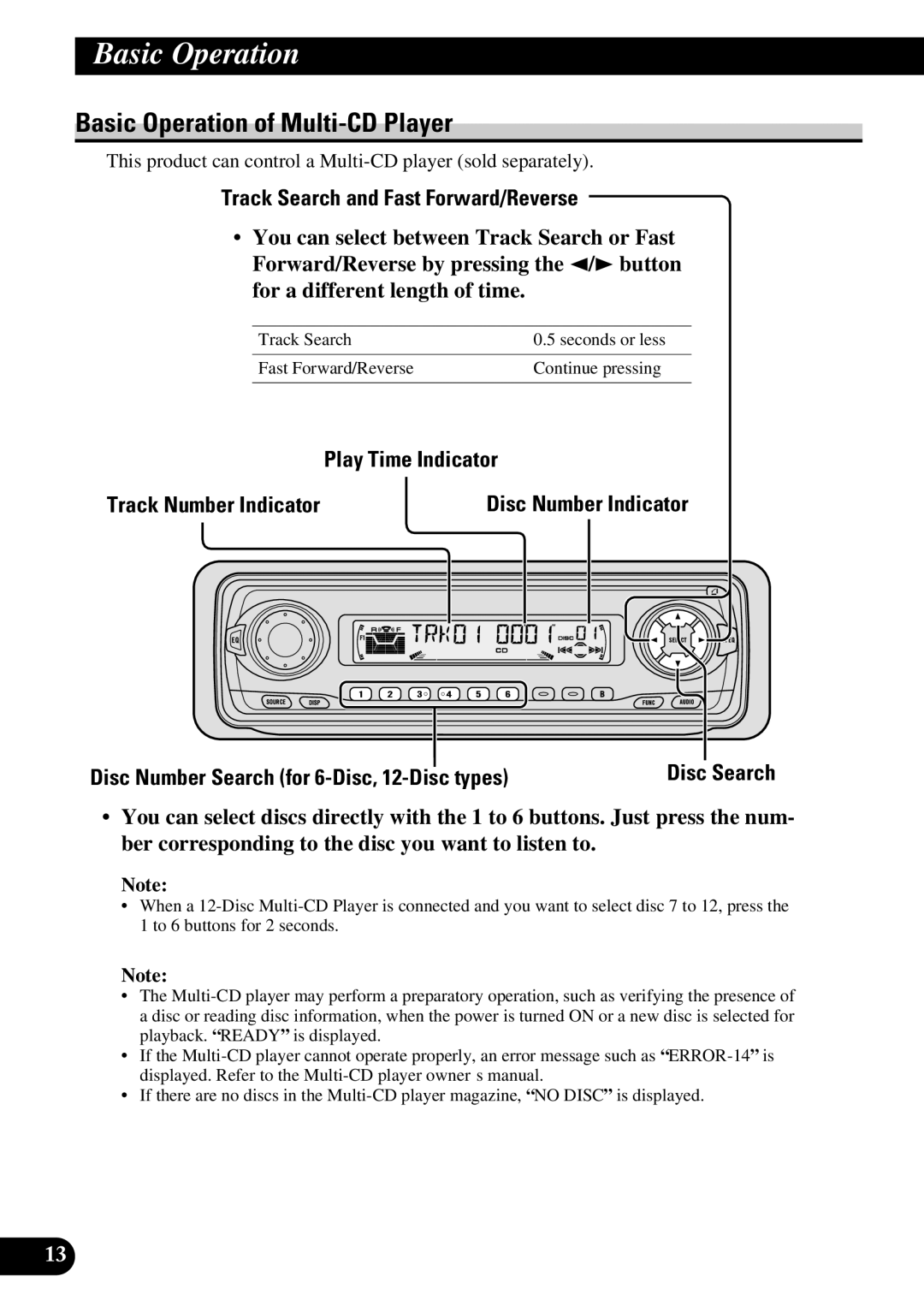 Pioneer P3370XM operation manual Basic Operation of Multi-CD Player, Disc Number Search for 6-Disc, 12-Disc types 