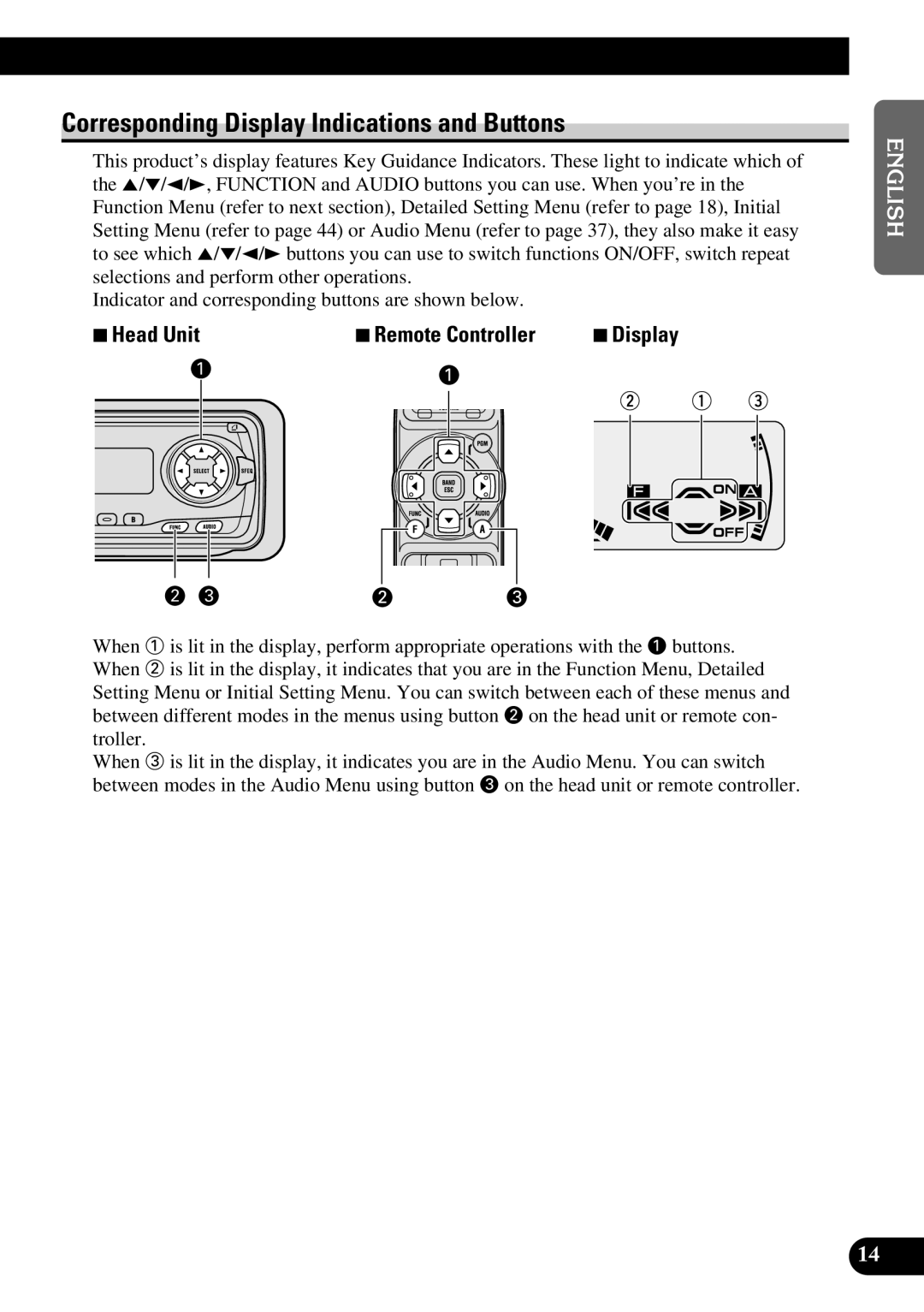 Pioneer P3370XM operation manual Corresponding Display Indications and Buttons, 7Head Unit 7Remote Controller 7Display 