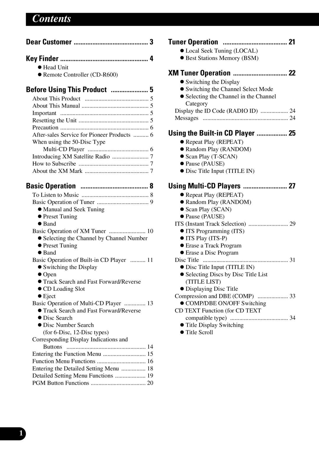 Pioneer P3370XM operation manual Contents 