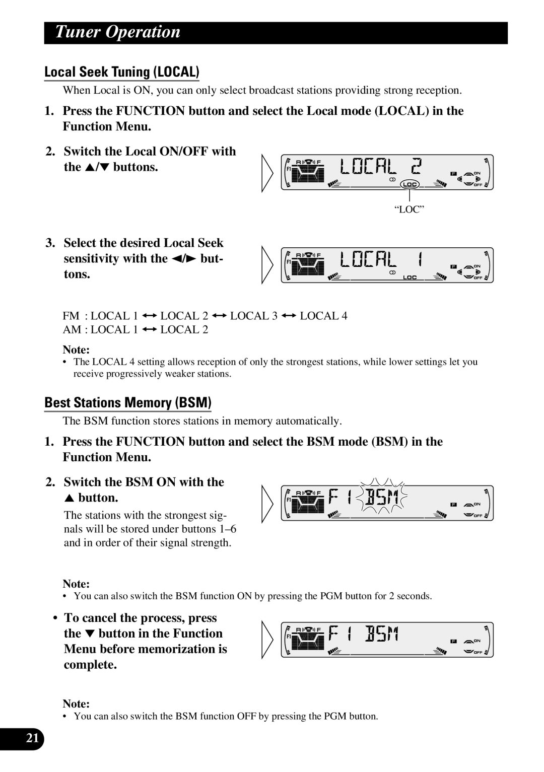 Pioneer P3370XM operation manual Tuner Operation, Local Seek Tuning Local, Best Stations Memory BSM 